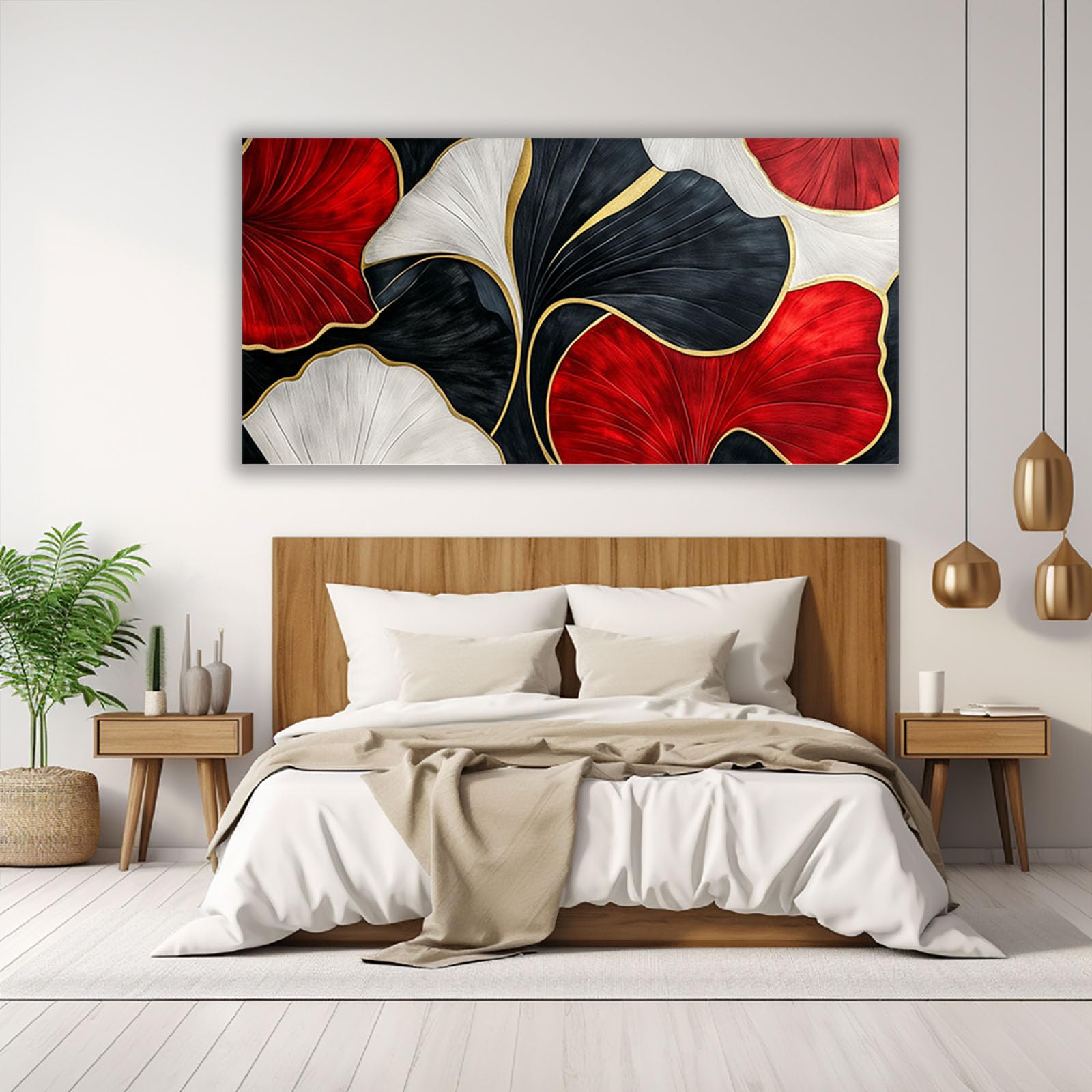 QUSAAOU Plakat do salonu, liście miłorzębu, czerwone, czarne, białe, złote krawędzie, do salonu, estetyczny pokój, obrazy ścienne, nowoczesny obraz, płótno, kwiaty, złoty, czarny, abstrakcyjny