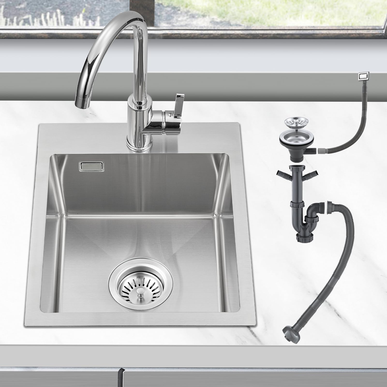 ROVOGO Küchenspüle 40 x 34 cm Edelstahl 304 Gebürstet, Einbauspüle 1 Becken Rechteckig mit Armaturloch, Ablaufgarnitur und Überlauf-Set