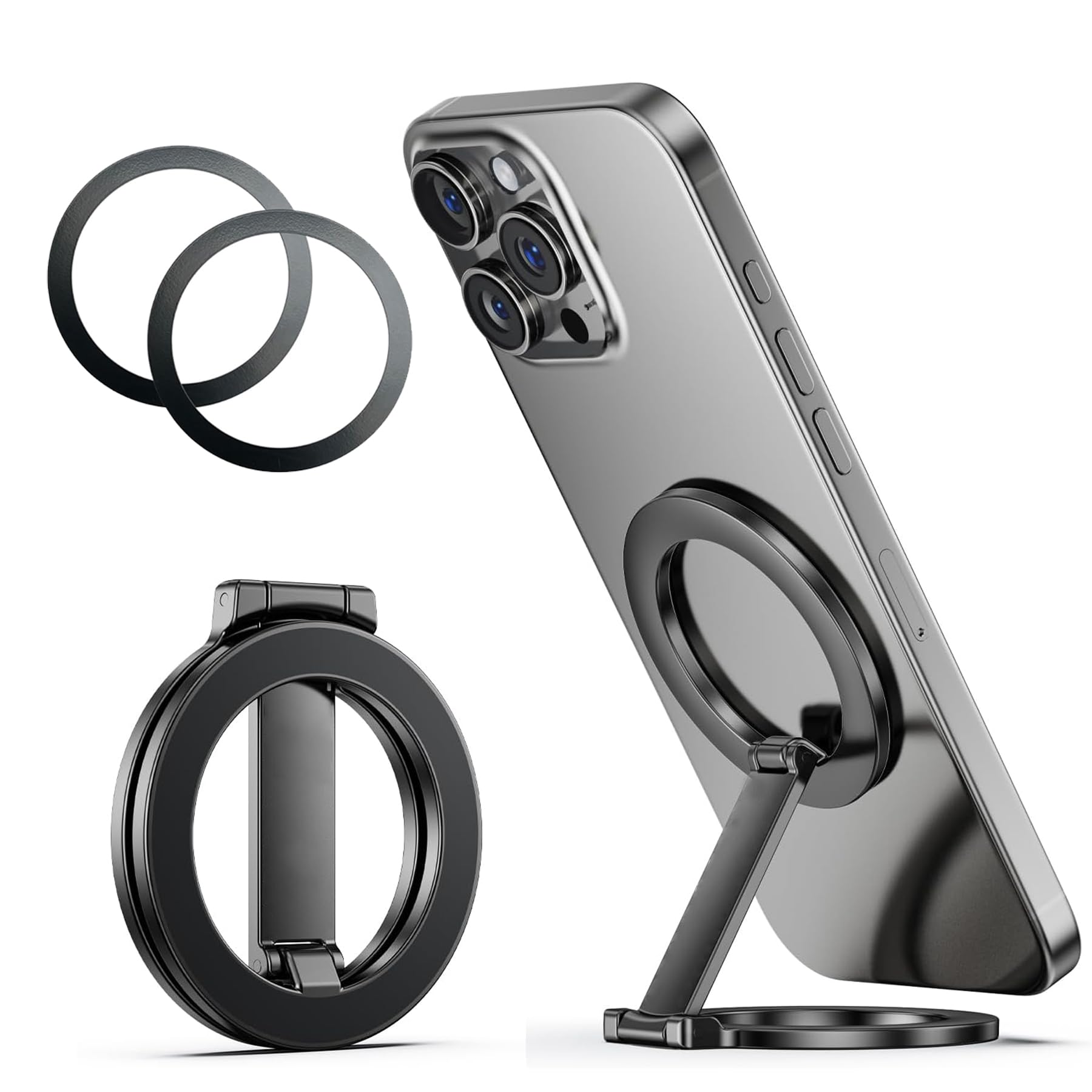 【スマホスタンド】【両面マグネット】 マグネット スマホリング スマホホルダー 車 スマホスタンド magsafe リング magsafe スタンド Magnet Stand 超强磁力 折り畳み式 マルチ 360度回転 簡単着脱 角度自由 ヒンジ調整工具付き 携帯スタンド 車載スマホホルダー マジェット iPhone17 16 15 14 13 12シリーズ対応 MagSafeケース対応
