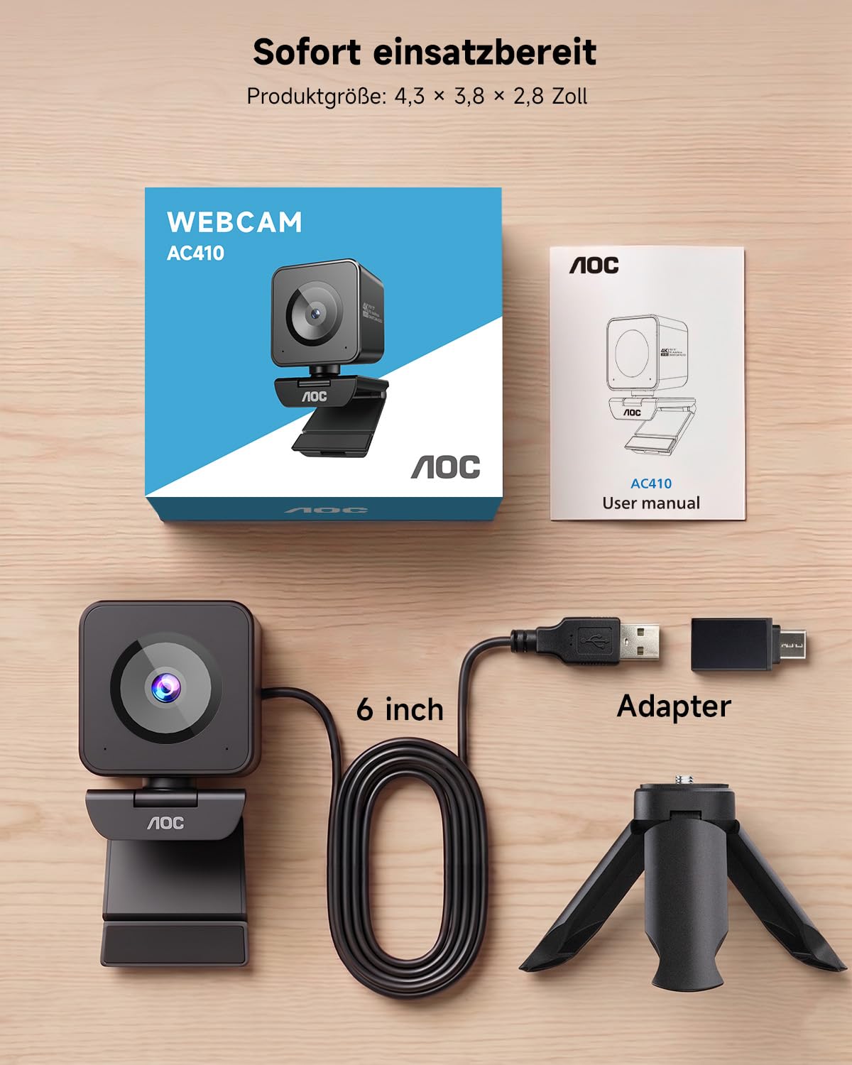 AOC UHD Webcam 4K, Webcam mit Objektivabdeckung & Dual Mikrofon, 75° Streaming Kamera mit Autofokus, Automatische Lichtkorrektur, Plug & Play, PC Kamera für Konferenzen, FaceTime, Linux, Win10, Mac OS