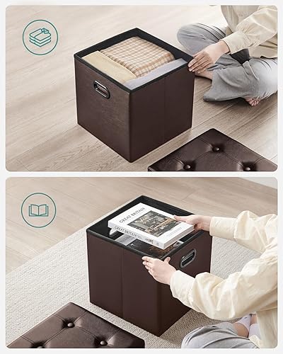 Miniatura 6 de Otomana plegable por Songmics, cubo de almacenamiento de 15 pulgadas con agujero y asa, piel sintética, Madera, Marrón