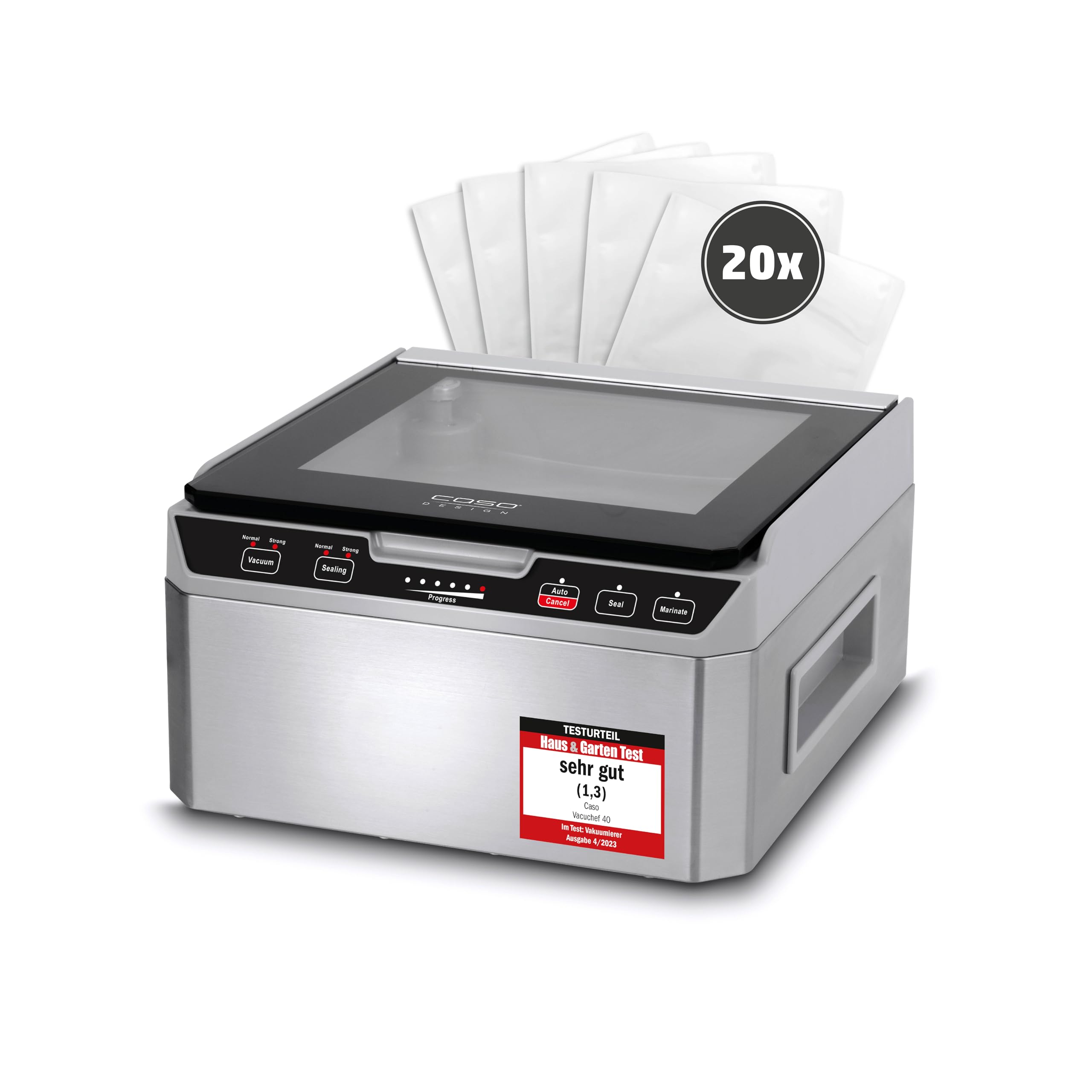 Caso VacuChef 40 - Kammervakuumierer aus Edelstahl, 3L Vakuumkammer 70 Liter/Minute, doppelte Schweißnaht, einstellbare Vakuum- und Schweißzeit, 1417 Single