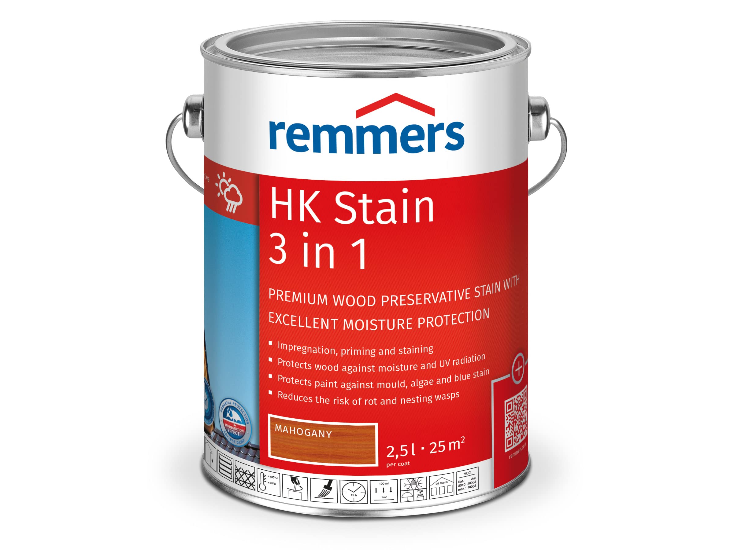 Remmers Mahogany Hk Stain 2,5 Litres, Decorative, Solvent-Based Premium Wood Preservative Stain For Exterior Use, 3-Fold Wood Protection With Impregnation + Primer + Stain
