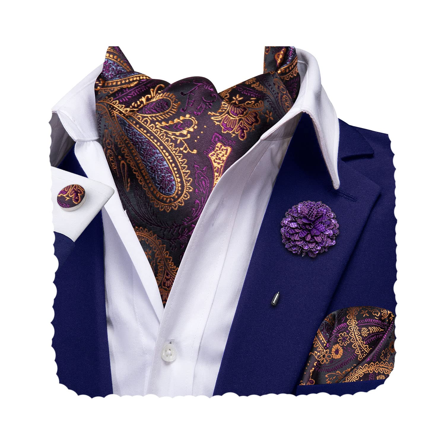 Hi-Tie Silk Ascot for Men Self Tie Men's Cravat and Flower Lapel Pin Handkerchief Cufflinks Set for Wedding Party