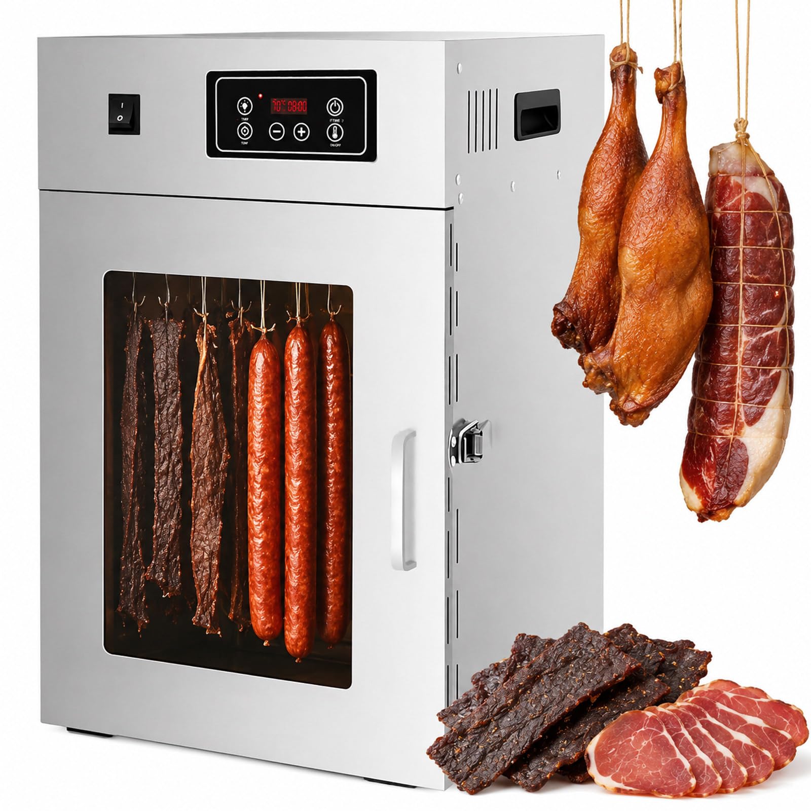 Reifeschrank Für Fleisch, Edelstahl Dörrautomat Für Fleisch Mit 30-90℃ Digitaler Temperaturregelung, 24h Timer, 14 Haken, 800W Trockenschrank Für Beef Jerky, Speck, Fisch Und Geflügel