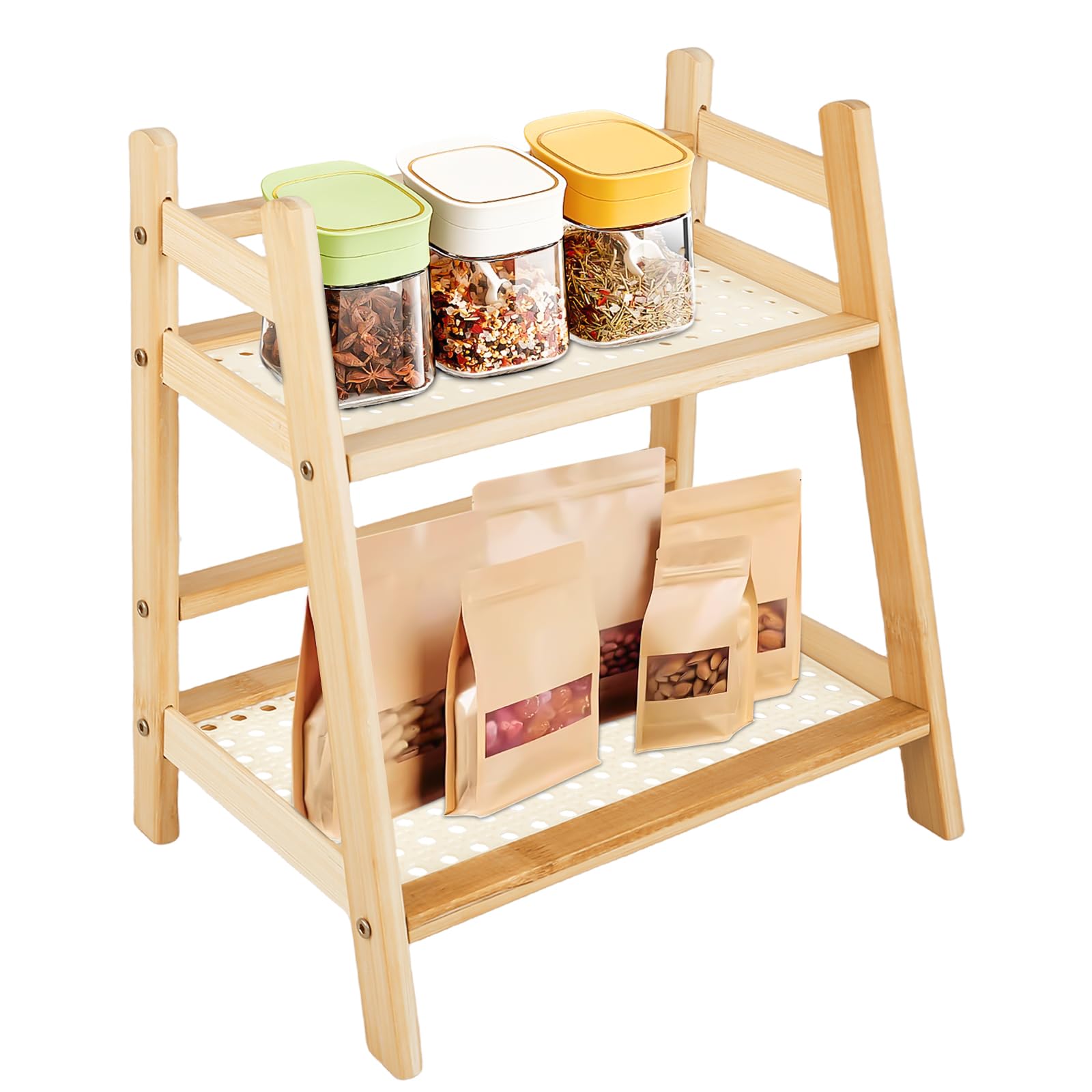 GOMETY Scaffale portaspezie da cucina, 40 x 18 x 29 cm, in bambù, imitazione di rattan, decorazione da cucina, organizer in piedi, organizer da cucina, cialde da caffè, organizer per ufficio, bagno