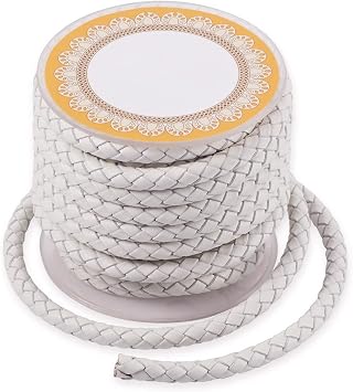 FASHEWELRY 4.37 Yard Braided Genuine Cowhide Leather Cord 5mm Round Braided Bolo Leather Strip for DIY Necklace Jewelry Making White