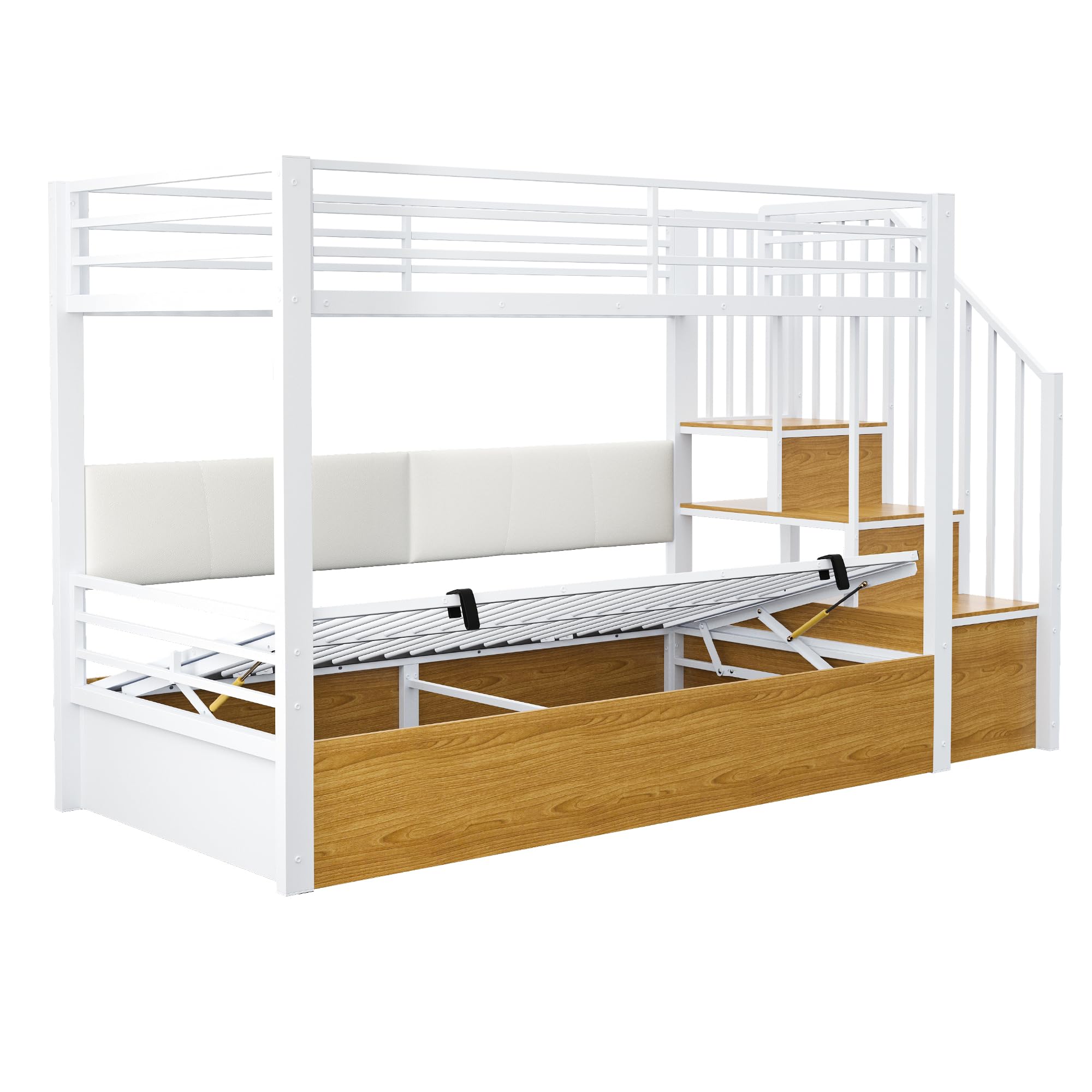 Kinderbett Etagenbett 90x200, Hochbett mit Hydraulisch Stauraum und Treppe, Hausbett mit Rückenlehne aus PU, Metall Bett Bettgestell mit Lattenrost und Rausfallschutz, Ohne Matratze (Weiß)
