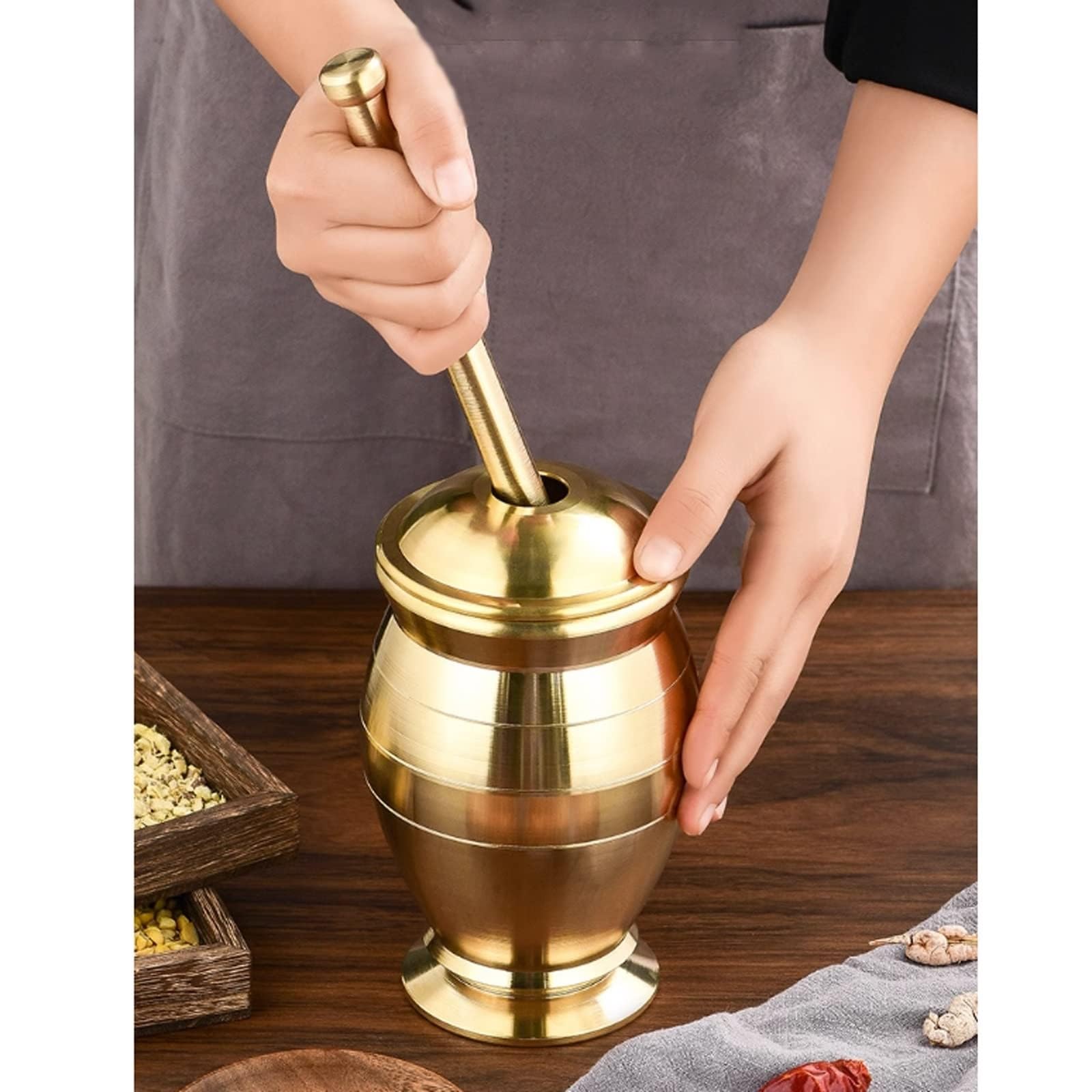 Mortaio e Pestello in Ottone Massiccio, Set Tradizionale e Resistente per Spezie, Erbe, Aglio e Guacamole, Elegante Arredamento da Cucina Fatto a Mano(XX-Large)