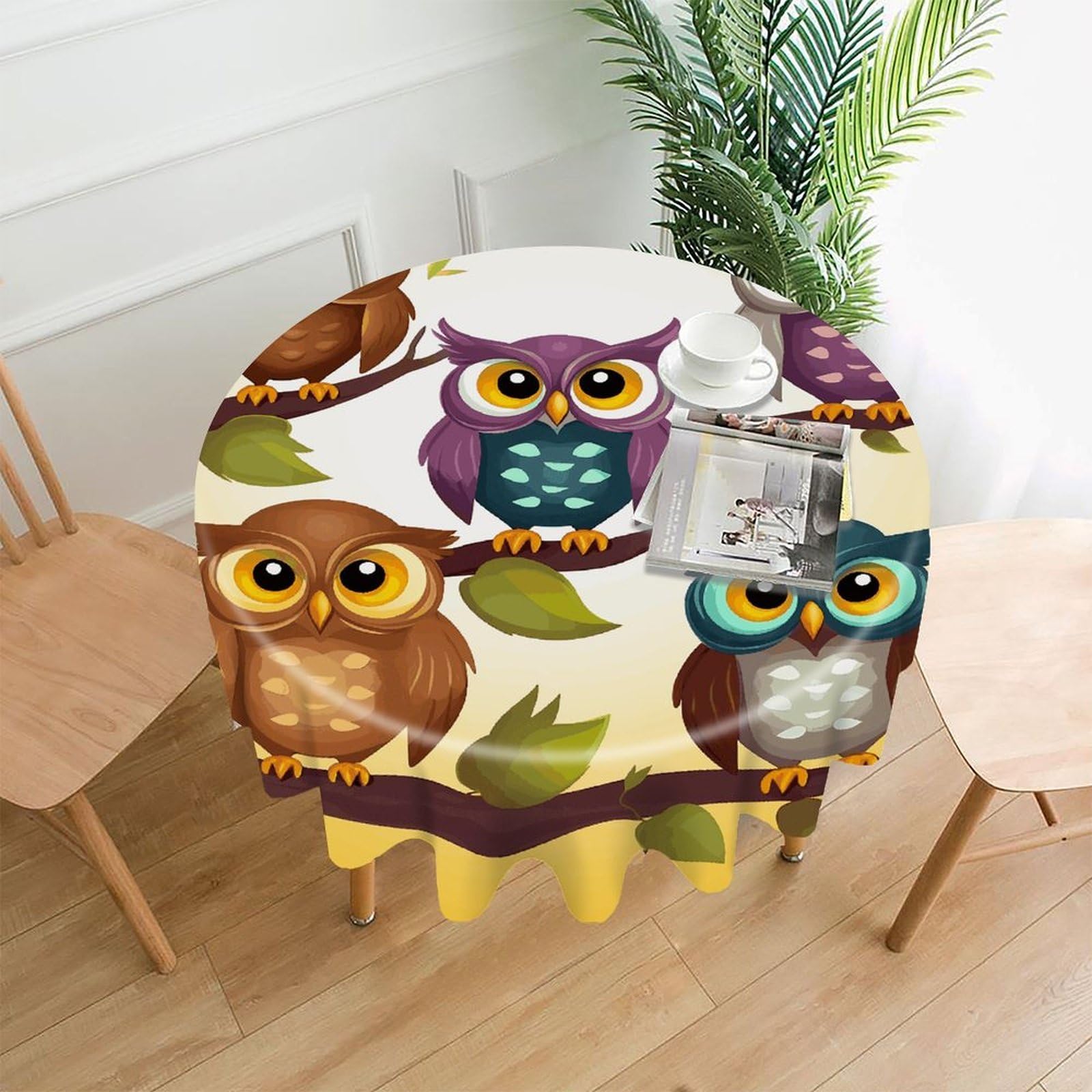 FodPand Owls Birds Round Tablecloth - 60 Inch Premium Polyester Table Cloth, Fashion Wrinkle Resistant Decorative Table Cover for Dining Kitchen Party Buffet Tables
