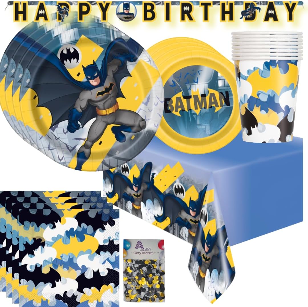Batman Birthday Party Supplies including Batman Birthday Decorations and Plates and Cups and other Tableware for 16 Guests for Superhero Party