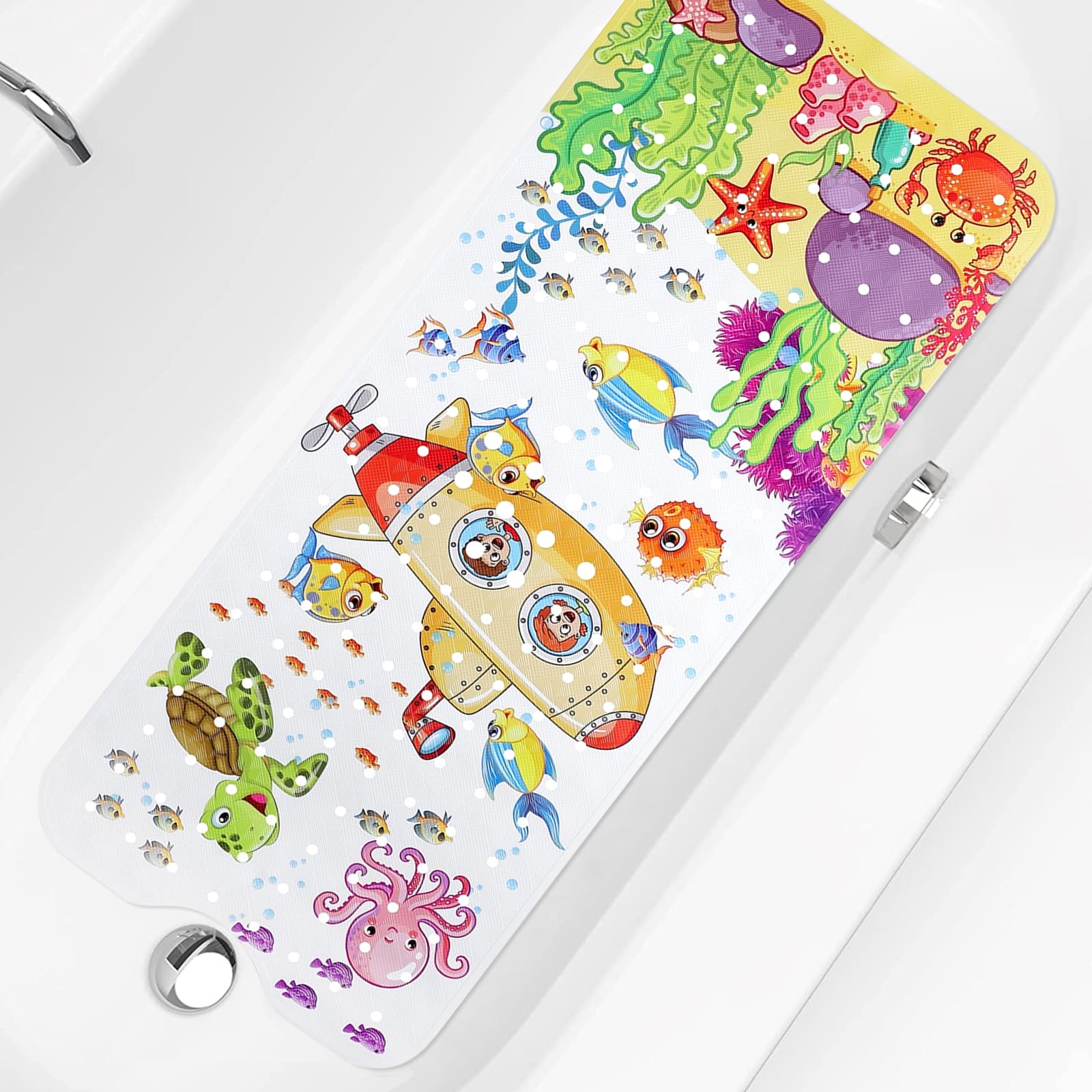 Baby Bath Mat 40x16in Cartoon Kids Bathtub Mat Non Slip with Suction Cup Drain Holes Toddler Shower Mat, Machine Washable Bath Tub Shower Mat Reusable Bath Mat for Tub Bathroom (Vertical Submarine)