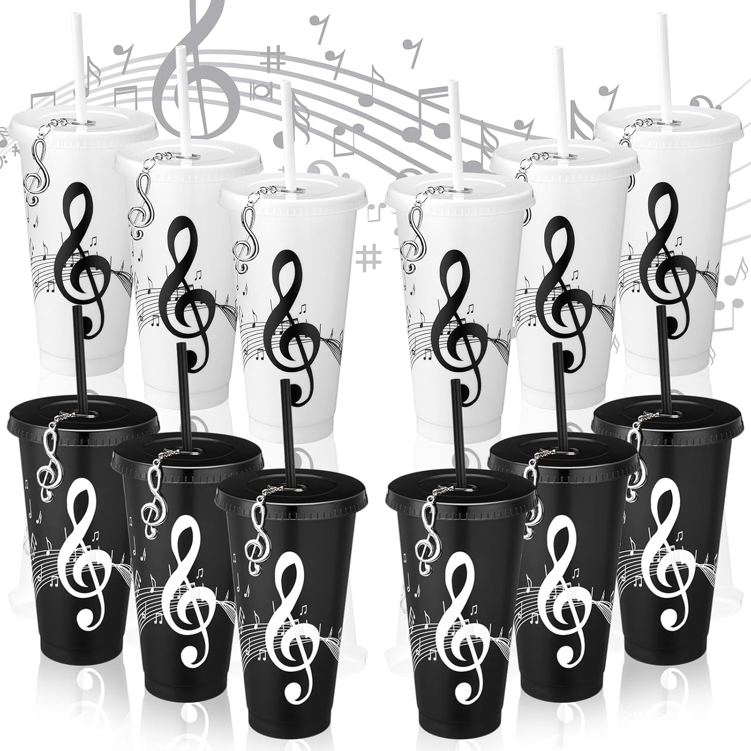 Skylety 12 Sets Music Themed Gifts Musical Tumbler Cups Bulk 24 oz Reusable Musical Note Plastic Tumbler with Straw and Lid Keychain Gifts for Music Lover Party Favor (Black,White)
