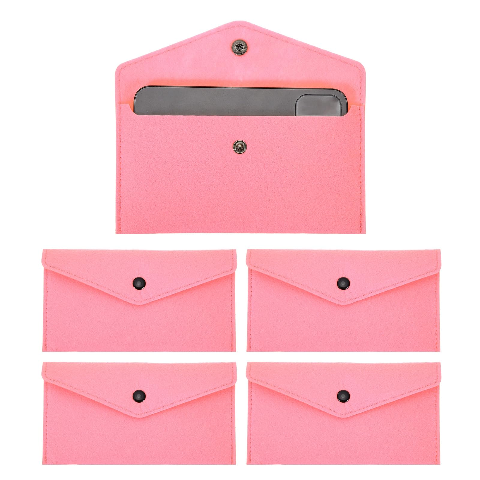 PATIKIL 5Pcs Felt Money Bag, Felt Cellphone Sleeve Case Pouch Cash Bag Button Closure Cash Envelope Wallet Storage Pouch for Card Pen Sunglasses, Pink