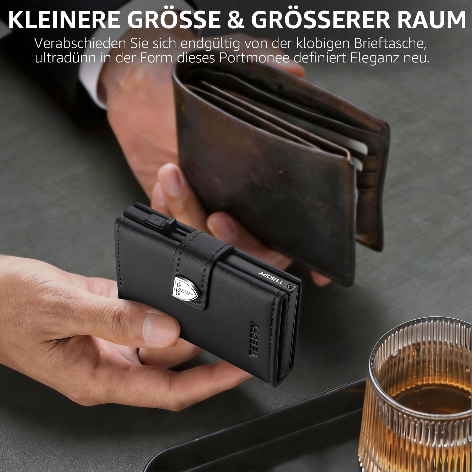 Geldbörse Herren - Portmonee Herren Set mit Kugelschreiber & Manschettenknöpfe, Slim Wallet mit RFID Schutz & Münzfach, Luxus Geldbeutel Kartenetui für 10 Kreditkarten, Premium Portemonnaie