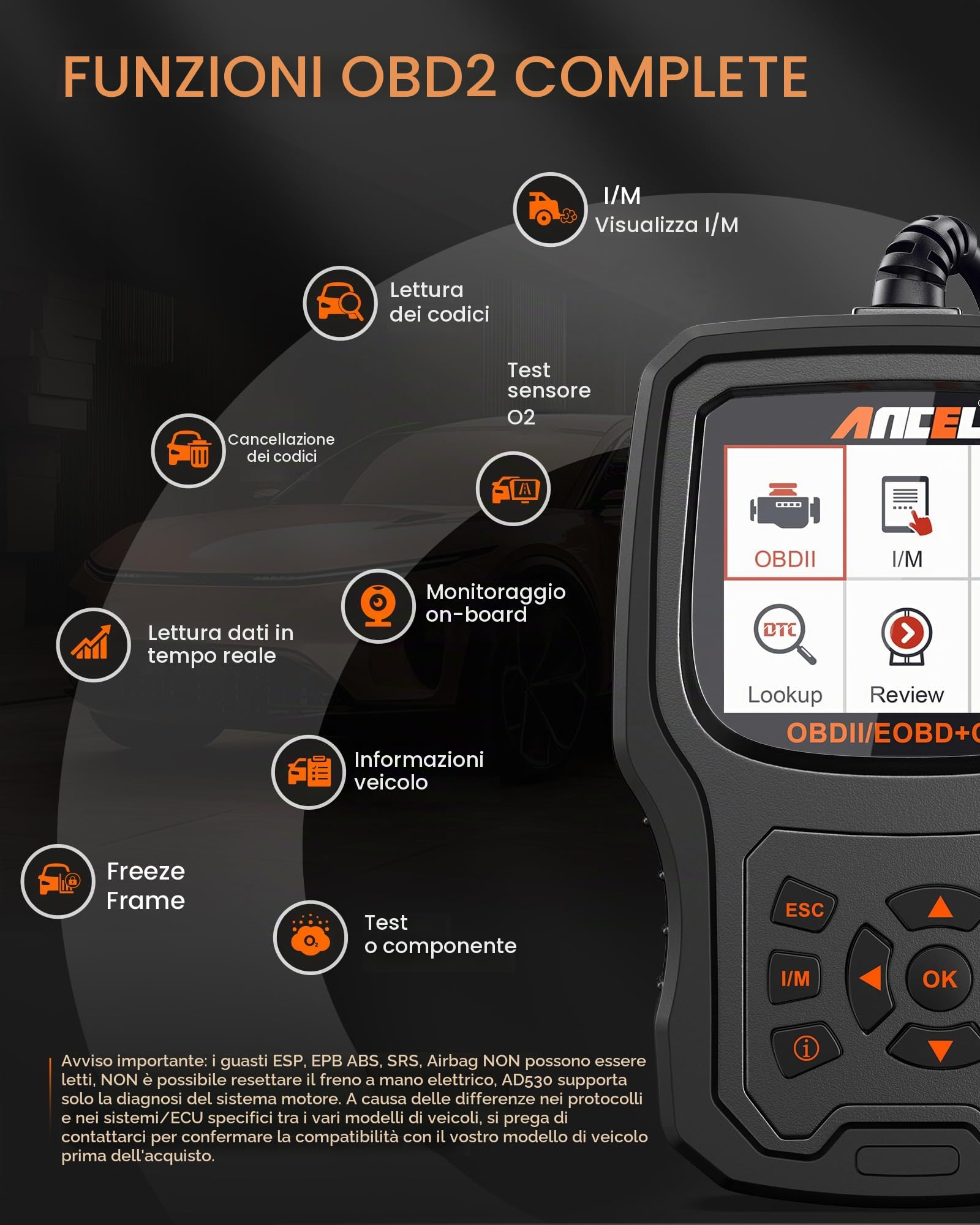ANCEL AD530 Lettore di Codice OBD2 Controlla lo Strumento di Scansione della Luce del Motore Dell'auto Strumento di Scansione del Sensore O2 EVAP Scanner con Funzioni OBD2 Complete