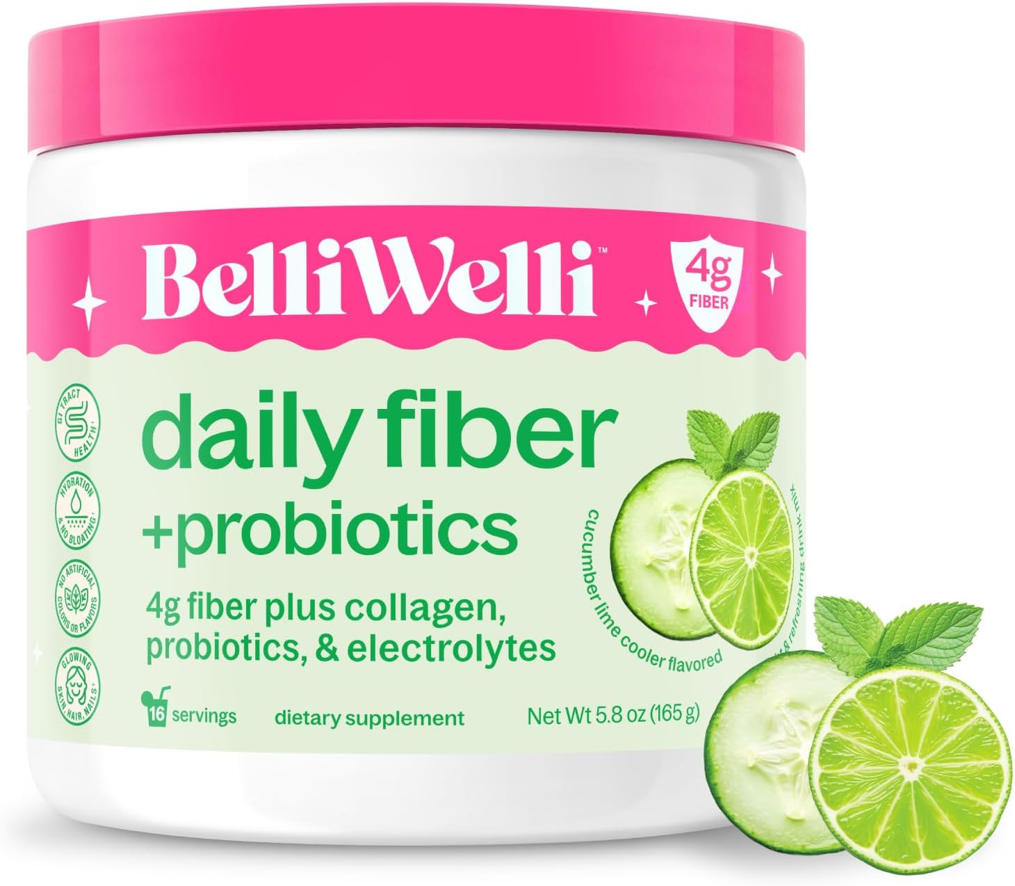 Belli Welli Fiber Supplement for Women & Men – Premium Daily Fiber Powder from Organic Acacia with Added Collagen, Electrolytes & Probiotics – No Bloat, Constipation & Gut Health Support (Cucumber)