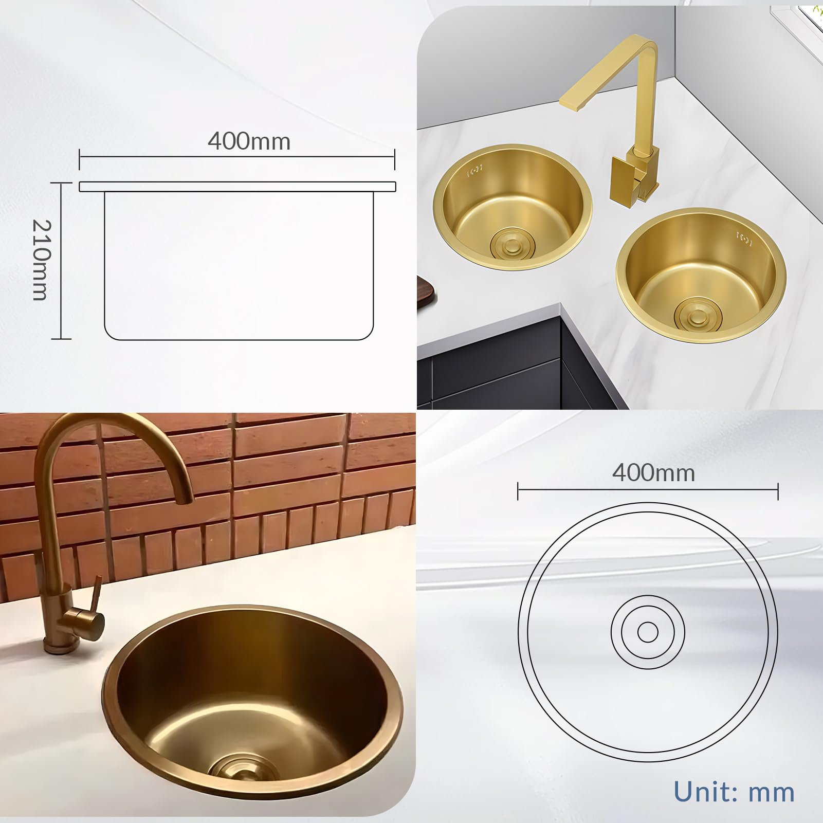 Rundspüle, goldfarben, 40 x 40 cm, Küchenspüle und Stange in Gold, rund, goldfarben, unterhalb oder auf der Arbeitsplatte, sink für Minibar, Edelstahl mit Siphon