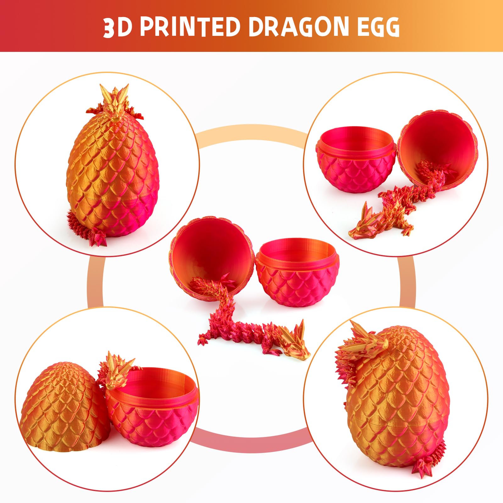 dellyy Dragón Articulado Impreso en 3D, Huevo Dragón Impreso en 3D, Misterioso Dragón de Cristal, Huevos de Dragón con Dragón en El Interior, Juguetes de Dragones en 3D (Rojo y Dorado)