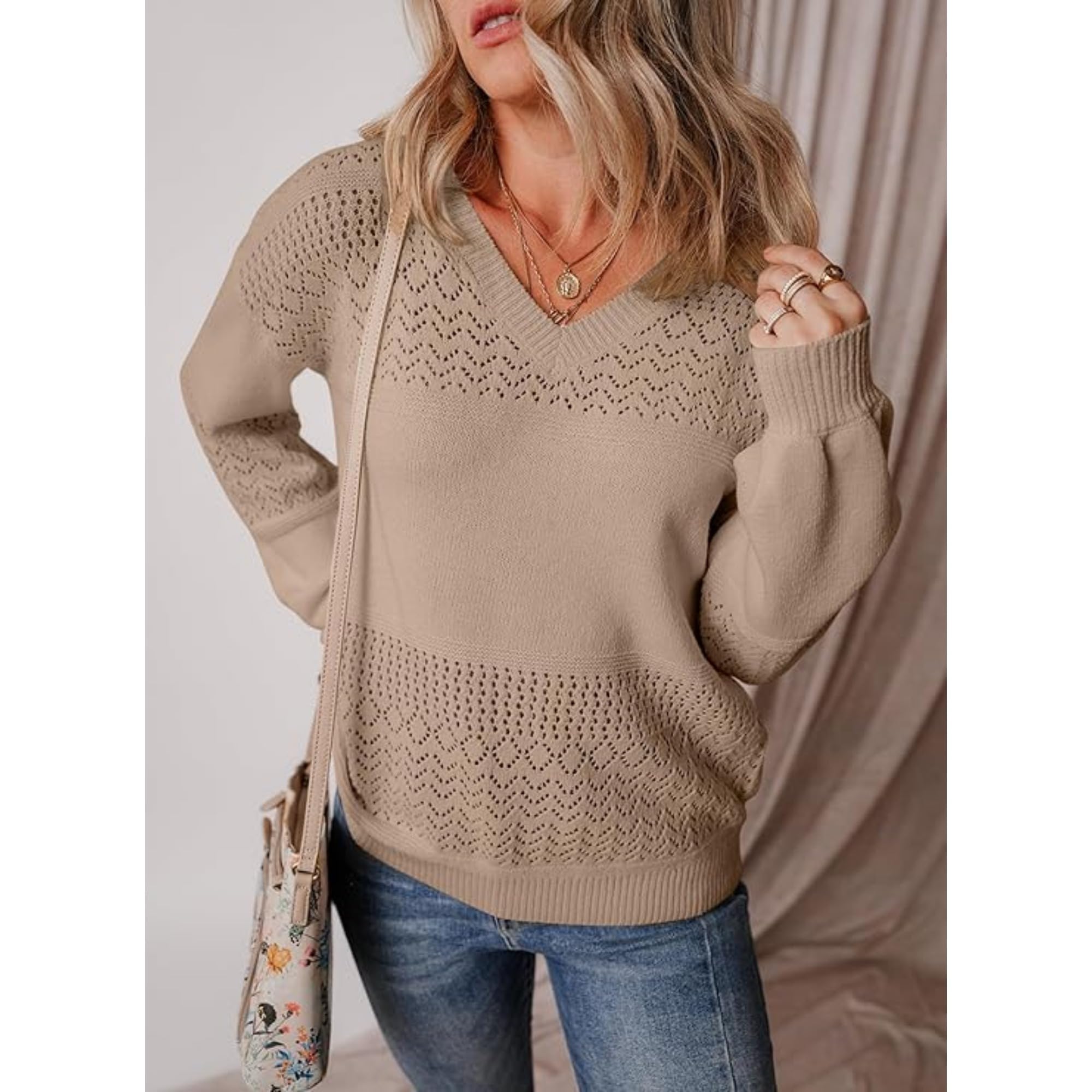 Donne Crochet Hollow Out Maglia Maglia Scollo a V Manica Lunga Polsino A Costine Felpa Primavera Autunno Regolare Casual Pullover