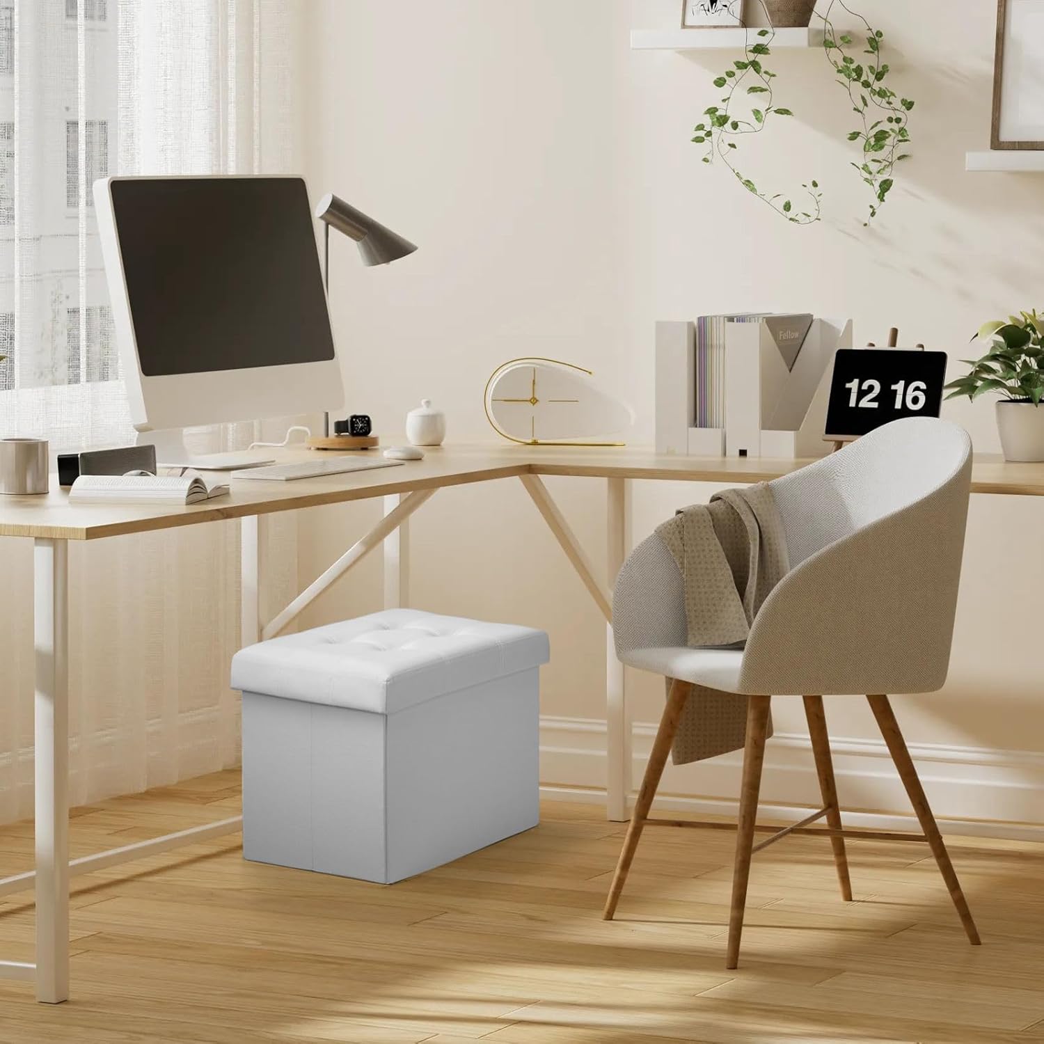 Folding Storage Ottoman, Foot Stool with Thicker Foam Padded Seat Small Leather Storage Ottoman Bench Foot Rest for Living Room Foldable Coffee Table 17x13x13in,White - Image 6