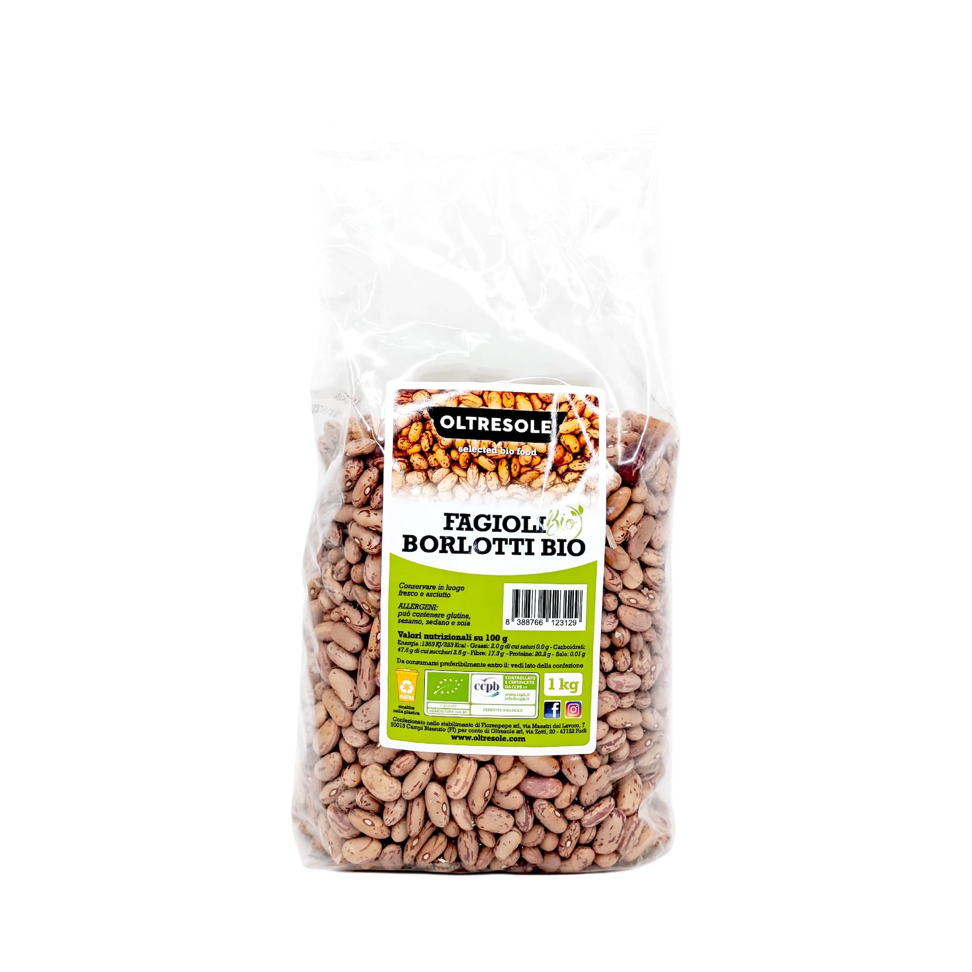 Oltresole, Bio-Borlotti-Bohnen 1 kg, Bio-Trockenhülsen aus kontrolliertem Anbau, ideal für Salate, Suppen und Beilagen, Ideal für Familien