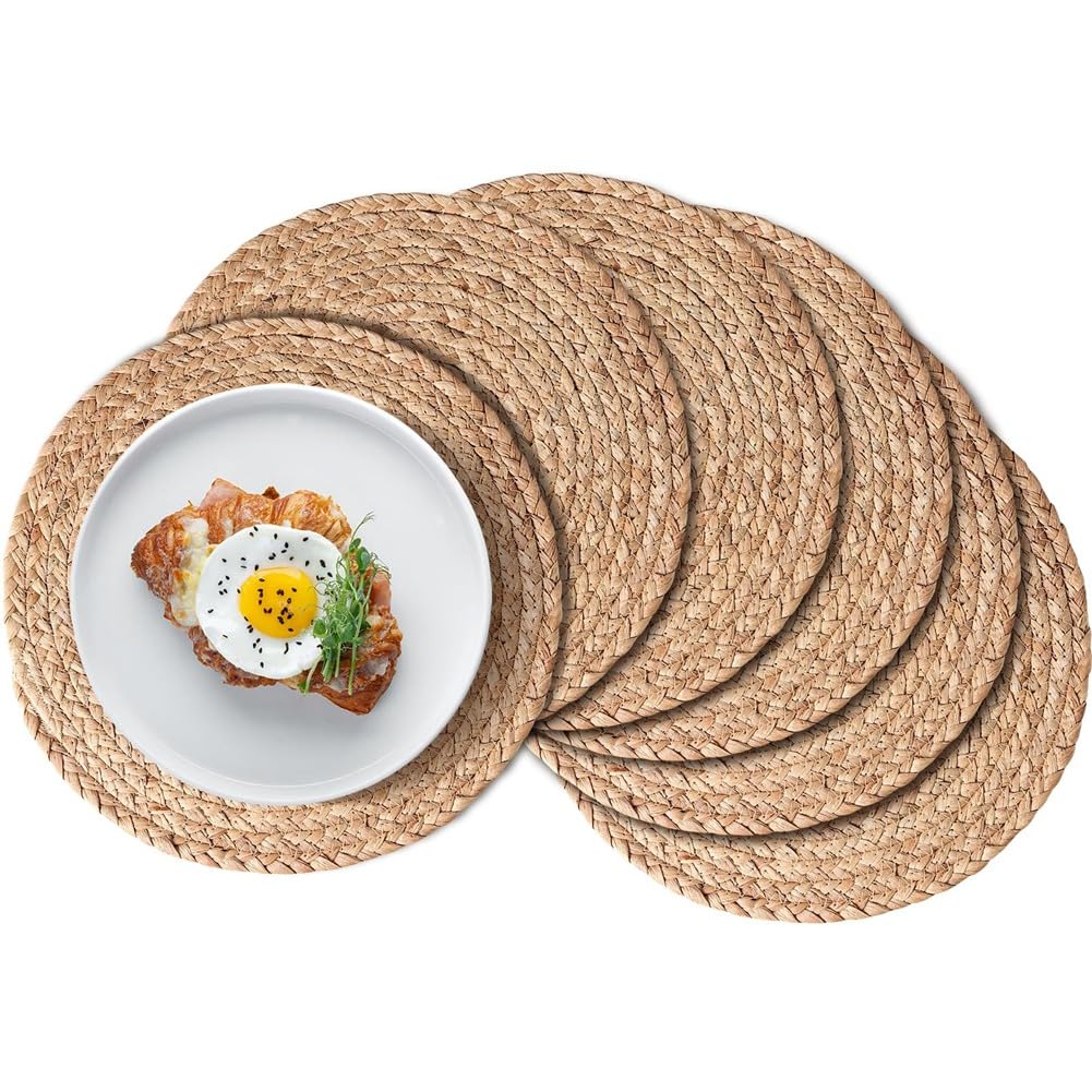 IJSDNVJNDX Round Woven Placemats Set of 6, Boho Rattan Place Mats, Farmhouse Weave Circle Table Mats, for Dining Table Decor