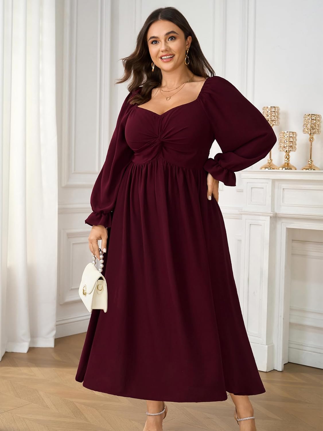 SCOMCHIC Women's Plus Size Wedding Guest Cocktail Dresses Fall Sweetheart Neckline Long Sleeve A Line Formal Maxi Dress - Image 4