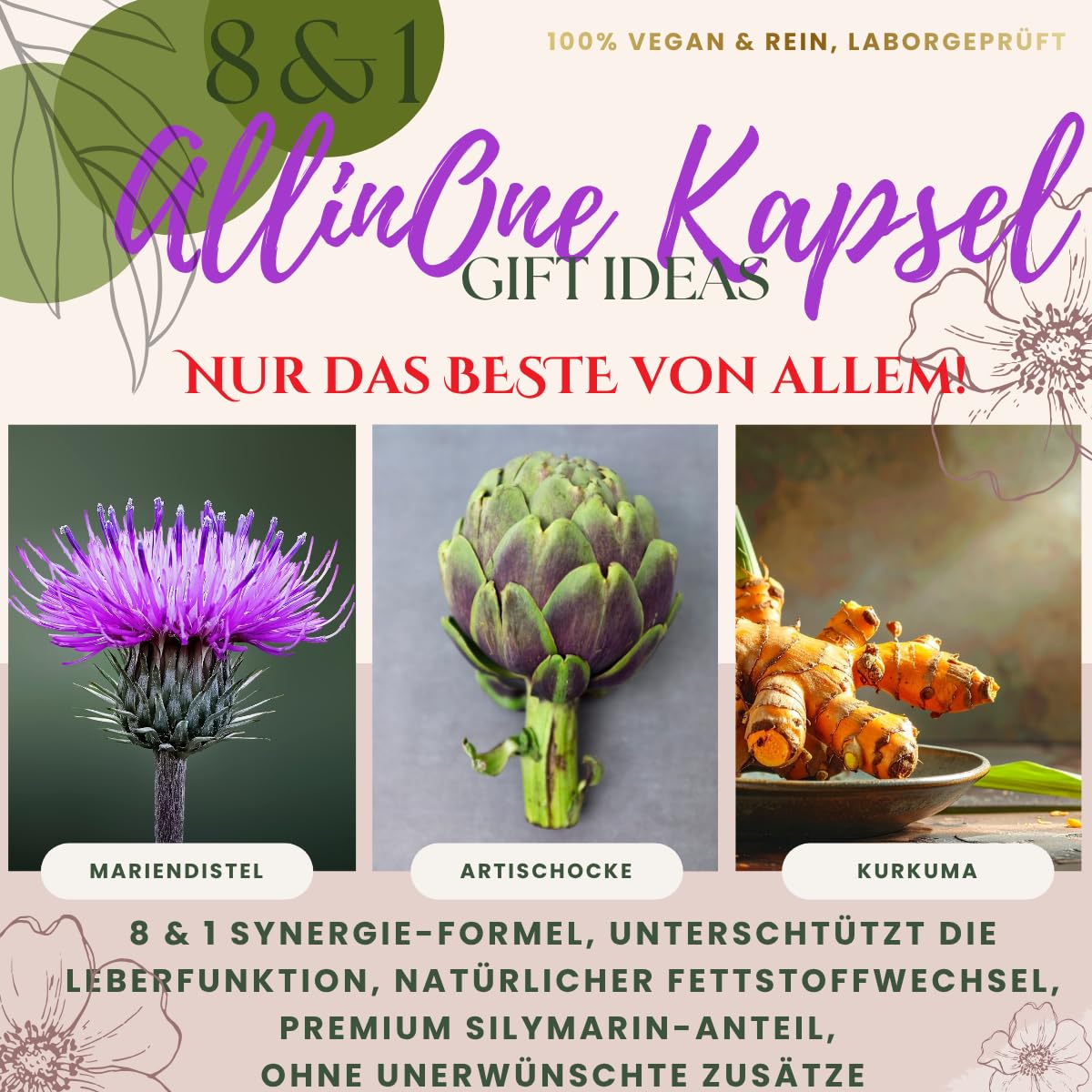 Leber-Kur für 3 Monate 180 Kapseln, 8-Fach-Komplex Mariendistel Kapseln hochdosiert mit 80% Silymarin Artischocke, Löwenzahn, Curcuma, Ingwer, Vegan & Laborgeprüft + Gratis-Geschenk