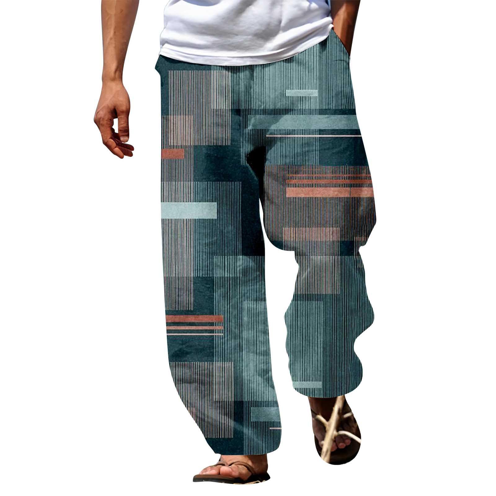 Bukknye Men's D-Green Linen Drawstring Pants Elastic Drawstring Waist Lightweight Summer Beach Pants Loose Baggy Yoga Trousers Wrinkle Free Beach Slacks Harem Pants