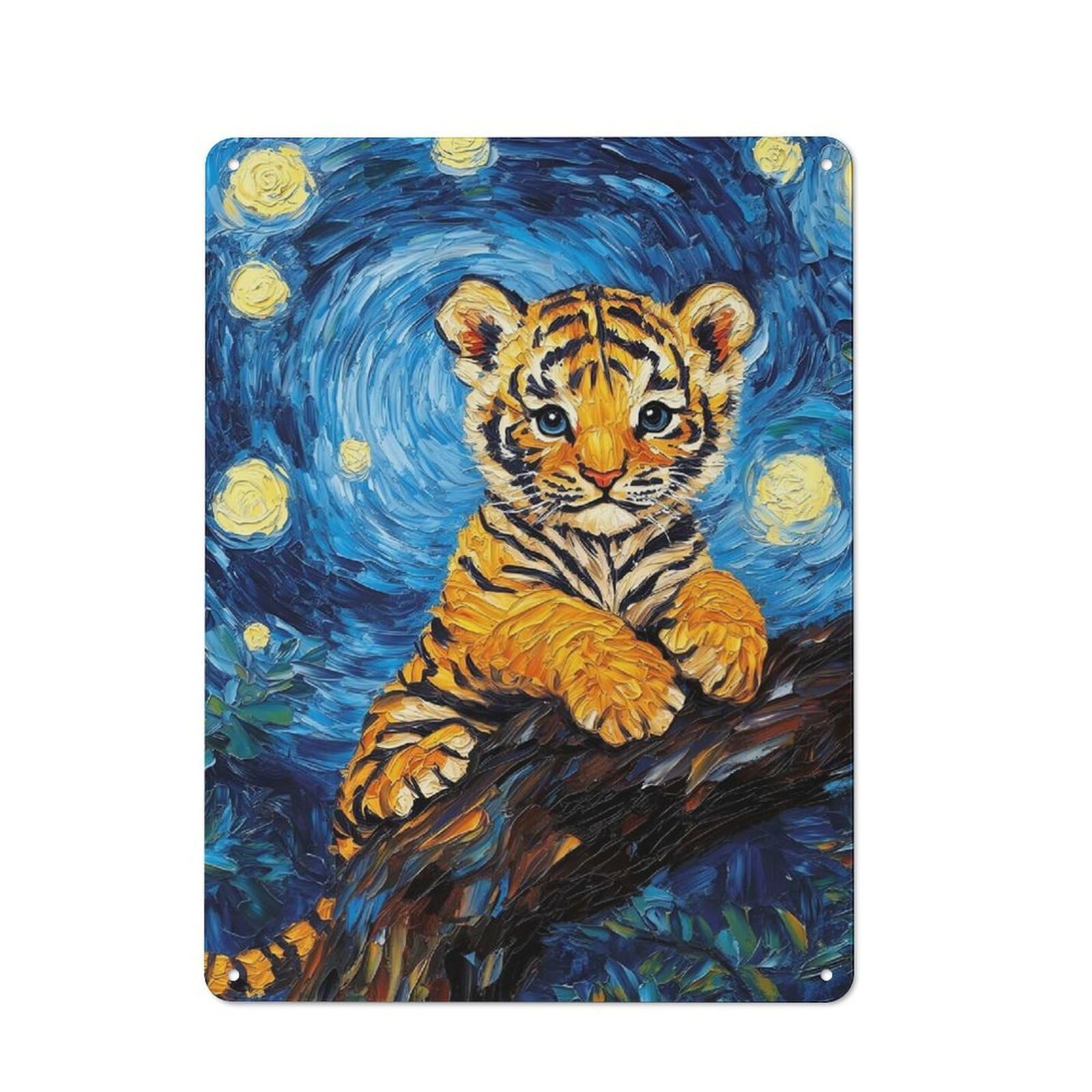 Junmoney Tiger Cub In Starry Night Style Shop Front Style Metal Wall Decor 40X30cm, Vintage Metal Sign For Tea Room, Shop Wall Or Breakfast Area