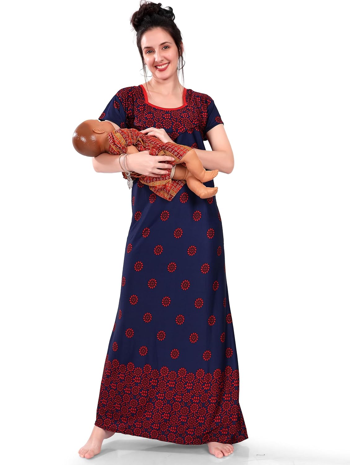 Nursing Maternity Feeding Nighty for Womens/Girls (Printed) (Free Size, Red) (AB-GWN-FD-Aster-RED_bzr)