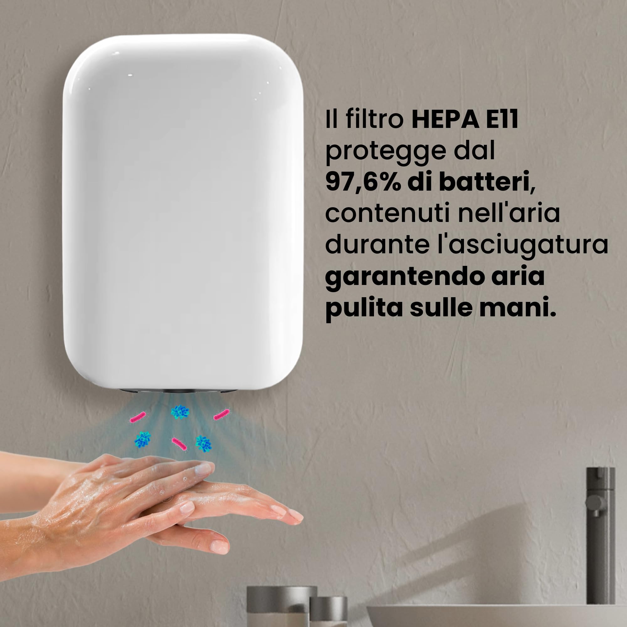 AURA LUXURY COLLECTION Secador de manos automático de alta velocidad con filtro HEPA E11 – Motor DC de larga duración, silencioso, sensor de infrarrojos, protección múltiple, carcasa ABS (blanco)