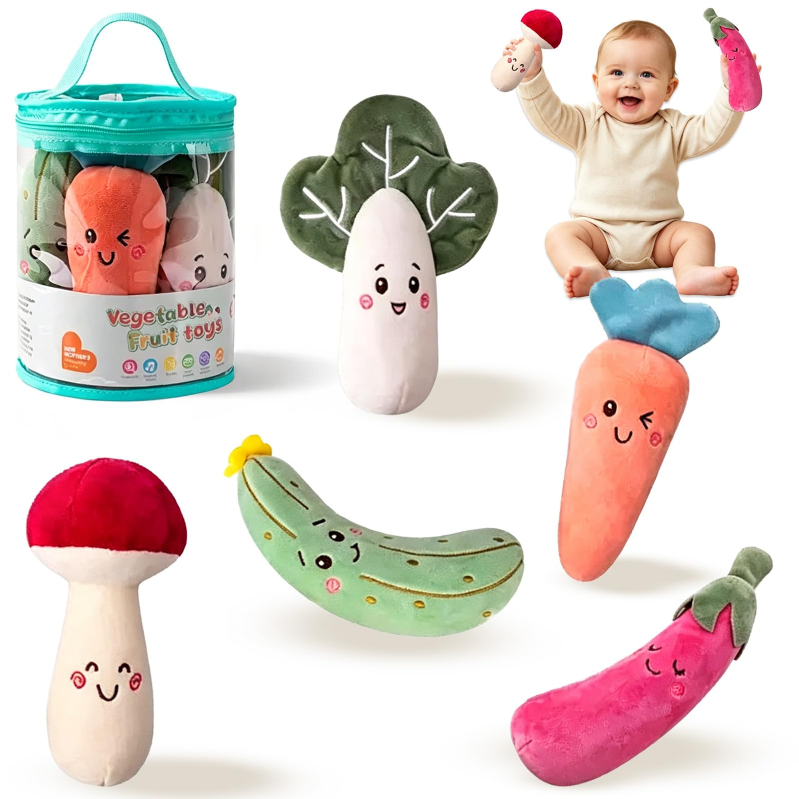 Gdbykds Baby Toys – 5PCS Fabric Plush Play Food, Soft Rattle Vegetable Crinkle Paper & Textured Sensory Infant Montessori Toy, Baby Sensory Toys 6-9-12 Months, Toy for Color & Shape Learning