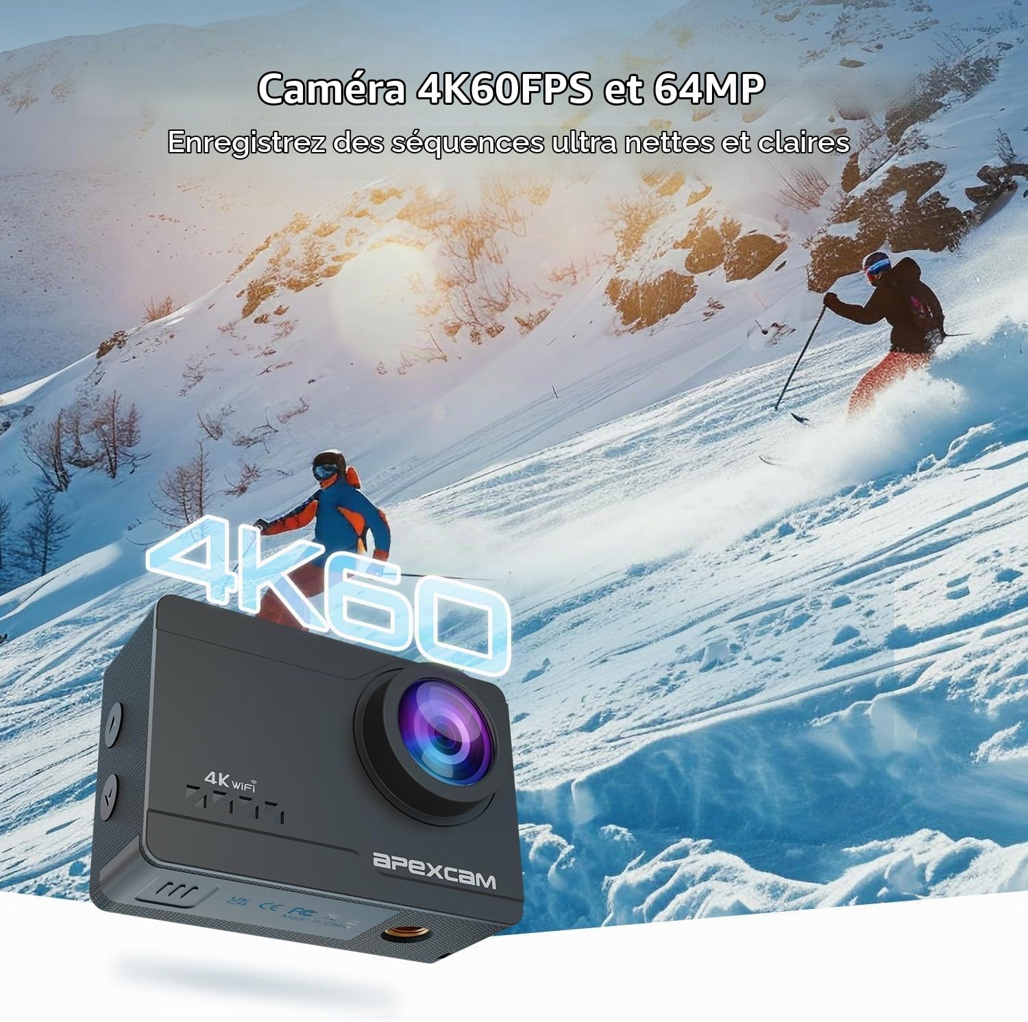 Apexcam Caméra Sport 4K 60FPS 64MP WiFi Étanche Écran Tactile Action cam | Stabilisation EIS, Waterproof 40M, Étui de Rangement, 2 Batterie 1350mAh, Télécommande, Kit Accessoires pour sports camera