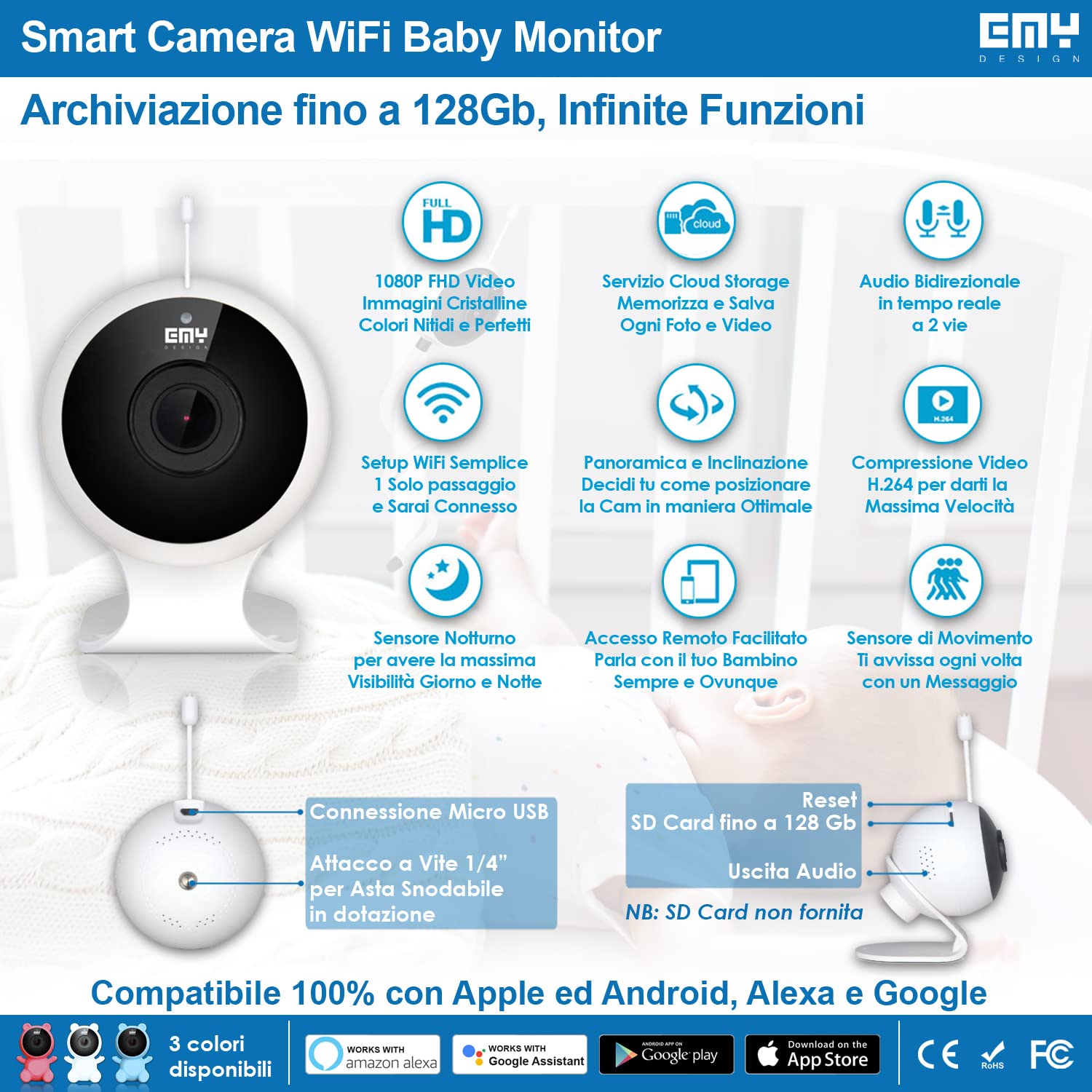 Smart Baby Monitor Video e Audio WIFI, Bianco