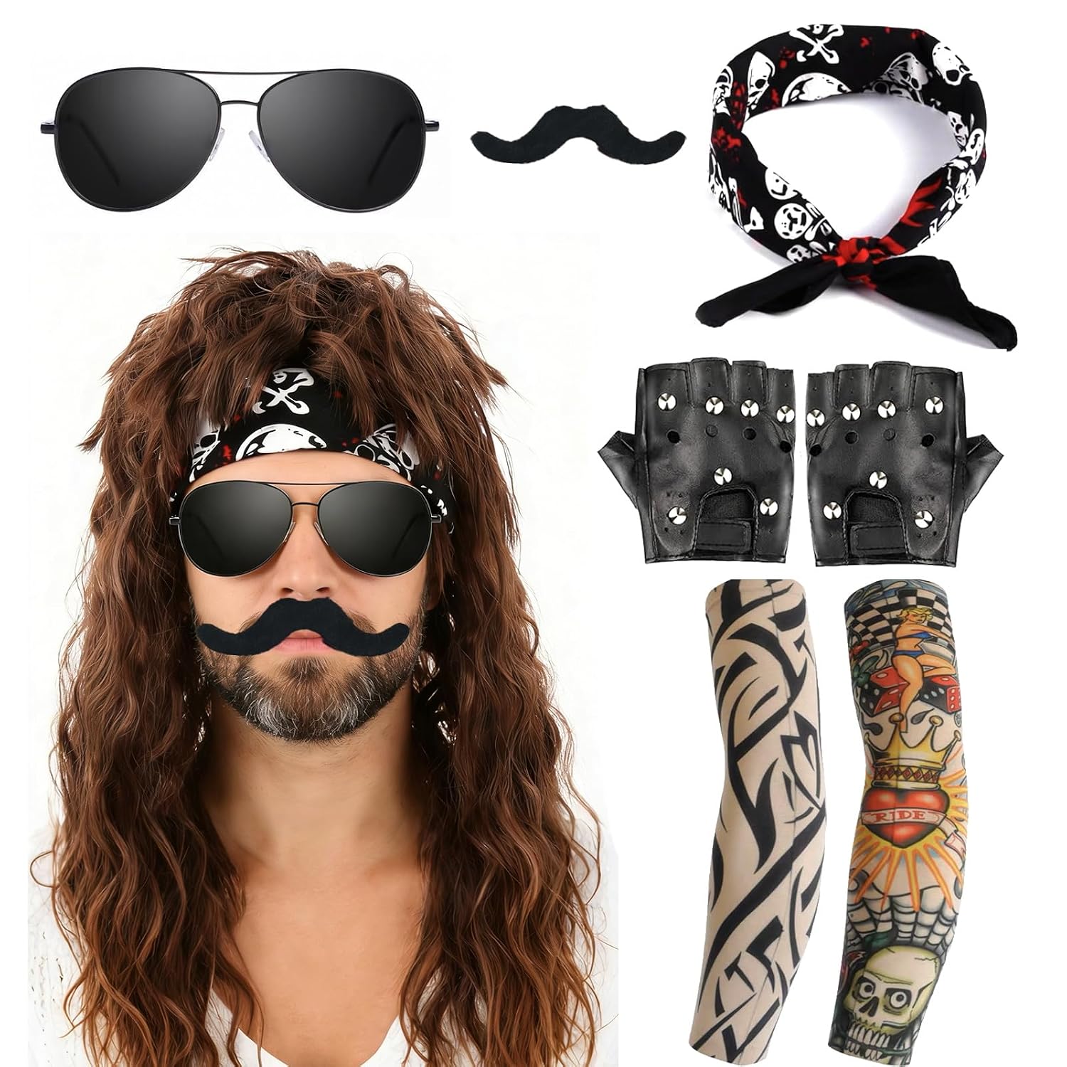 7 Pcs Rocker Costume Men's Wigs brown Curls Disco Men's Party Costume Men with Wigs Sunglasses Beards Sleeves Gloves Headscarves for 70s 80s 90s