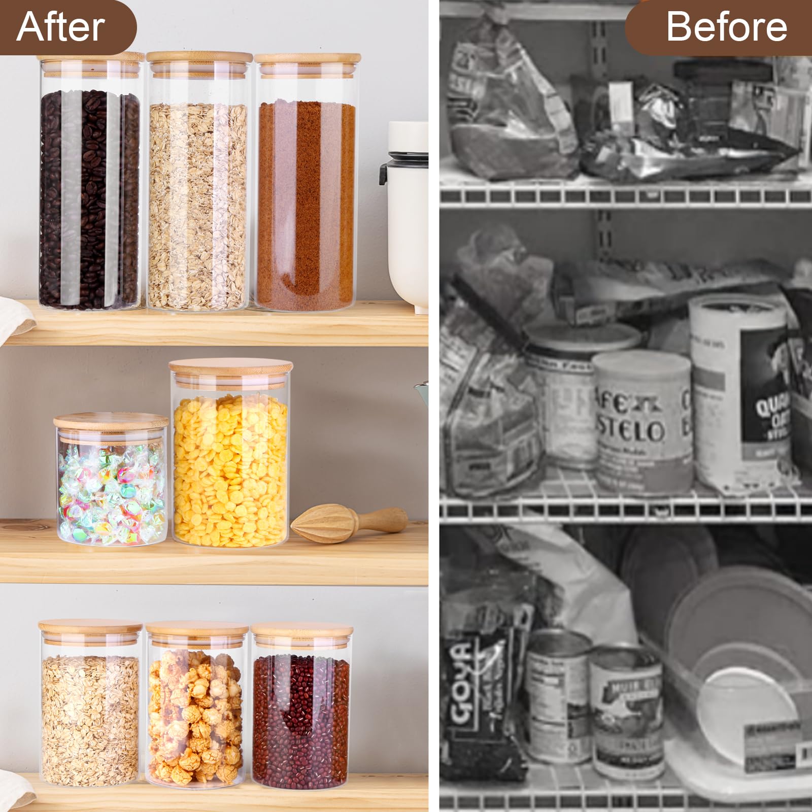 Tarros de vidrio para almacenamiento de alimentos, recipientes de alimentos con tapas herméticas de bambú para pasta, galletas, nueces, granos de café, cereales, recipientes de vidrio para cocina,