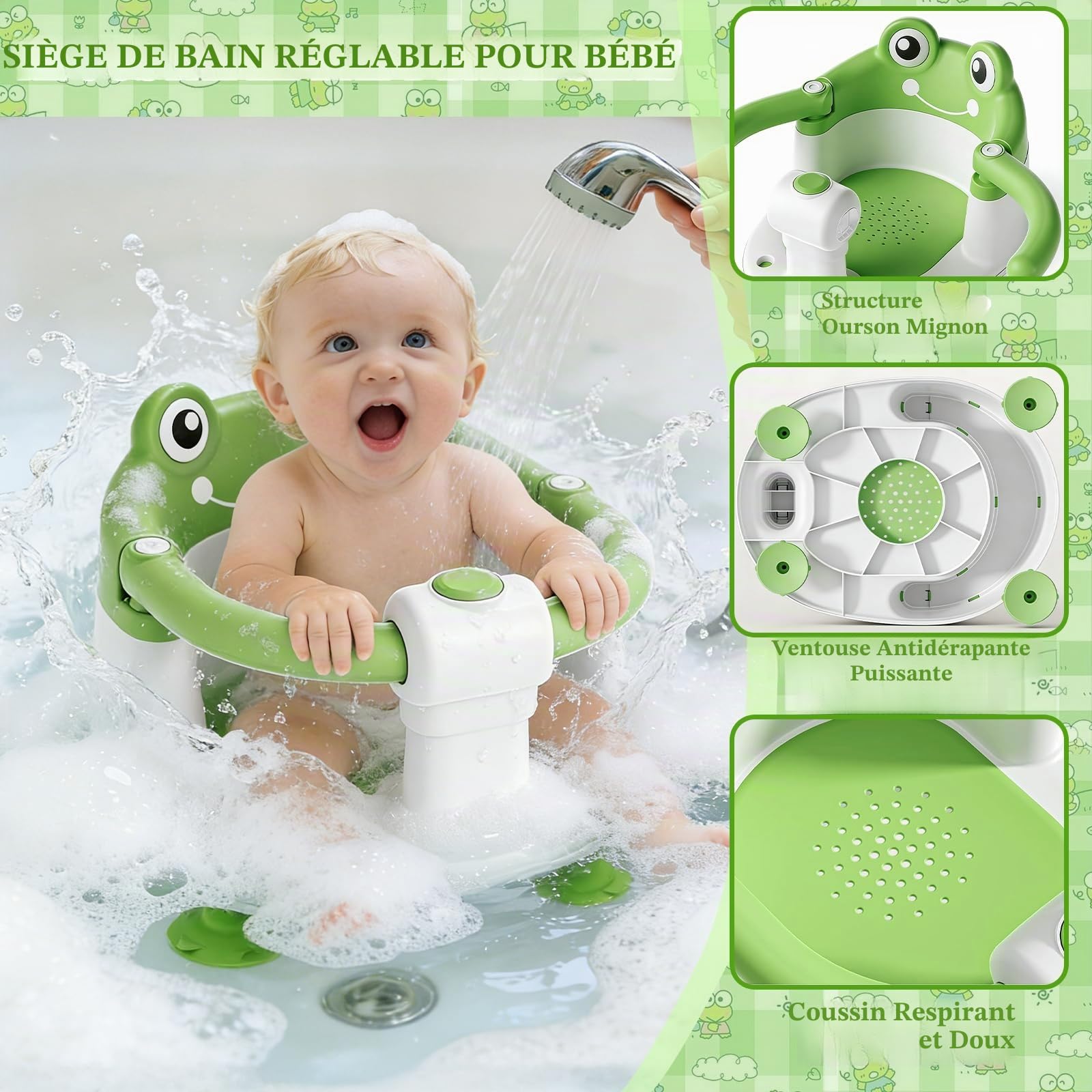 Siege Bain Bebe,SièGe de Bain pour BéBé,Siège de Bain Bébé,Anneau de Bain Bebe,Siège de Bain avec 4 Ventouses et Coussin,Chaise de Bain Portable et Sûre pour la Douche ou le Bain - Vert
