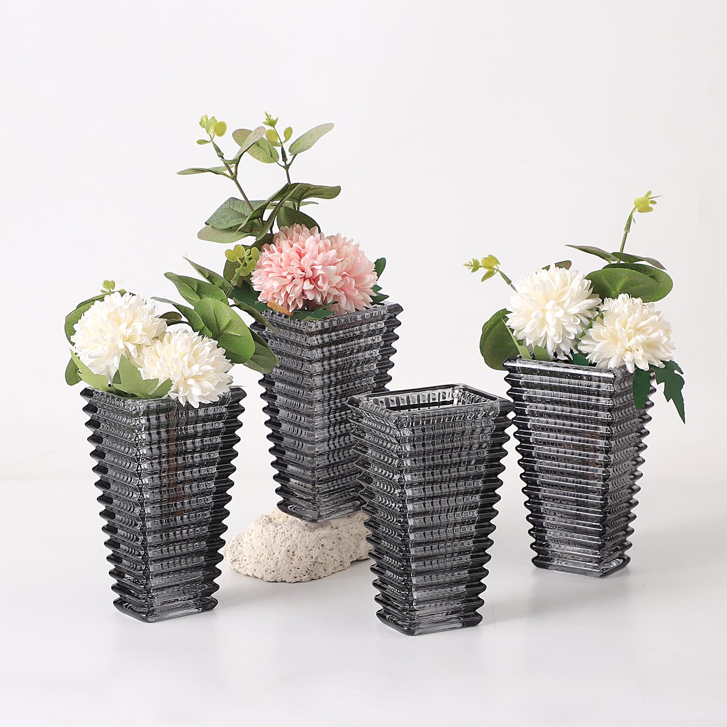 MCMCNCUIU Crystal Vases Set of 4, Black Glass Vases, Crystal Vase for Centerpieces, Modern Flower Vase for Living Room, Bedroom, Kitchen, Dining Table