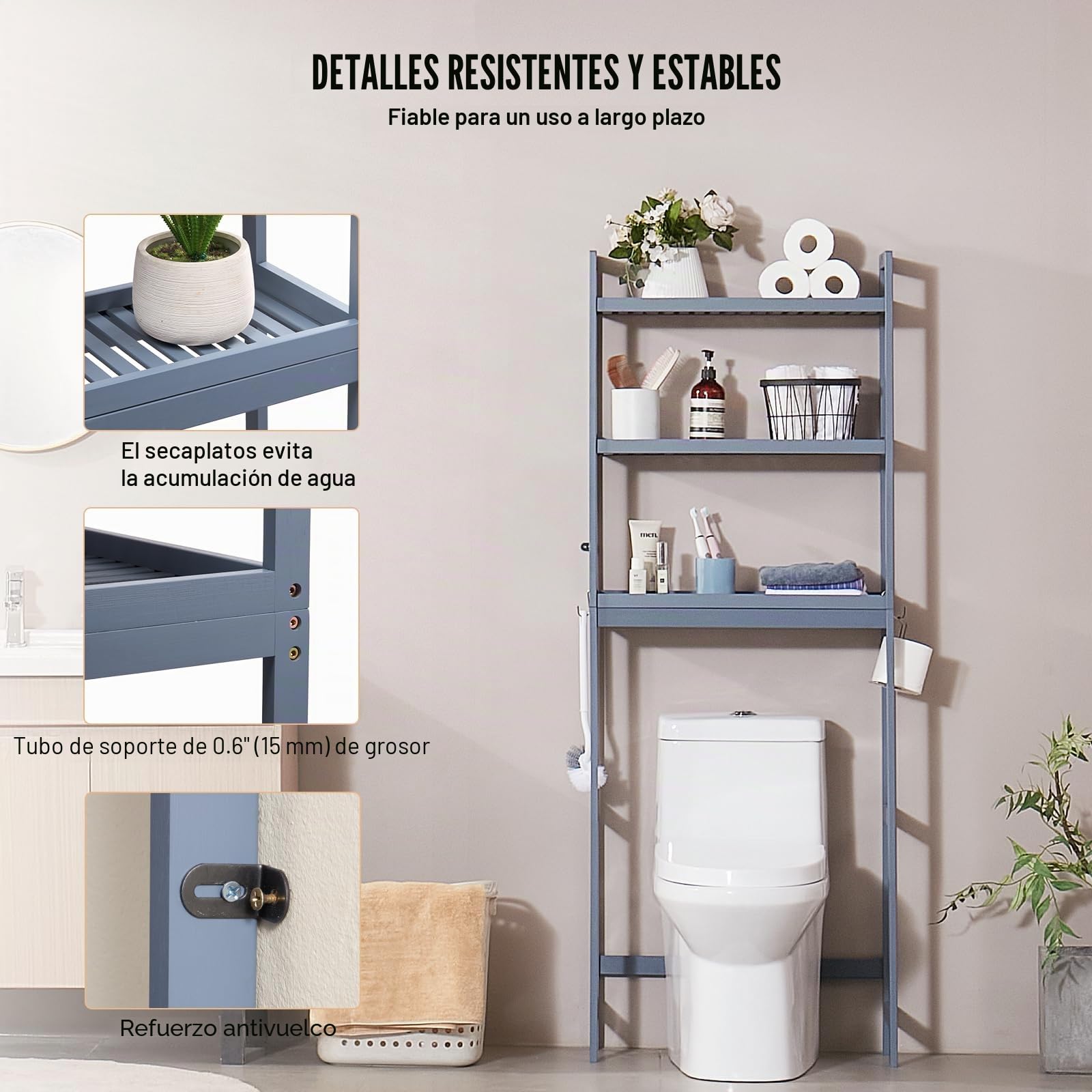 VEVOR Estante para Inodoro Ajustable de 3 Niveles Almacenamiento sobre Inodoro Estantería de Madera para Baño con 3 Ganchos Mueble de Baño Adecuado para la Mayoría de los Inodoros, Lavadero, Gris