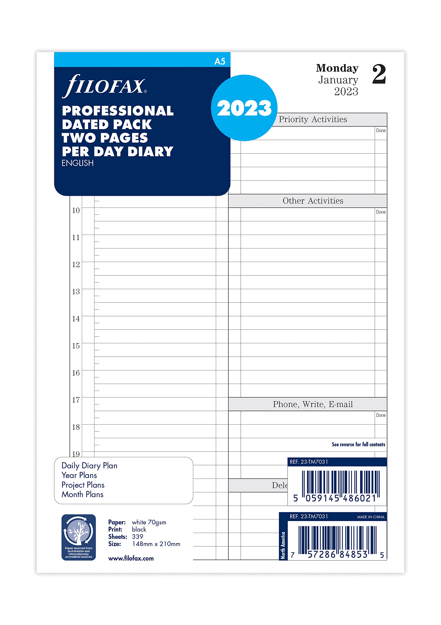 Filofax 23-TM7031, Agenda 2023 in inglese con vista giornaliera, formato A5, bianco