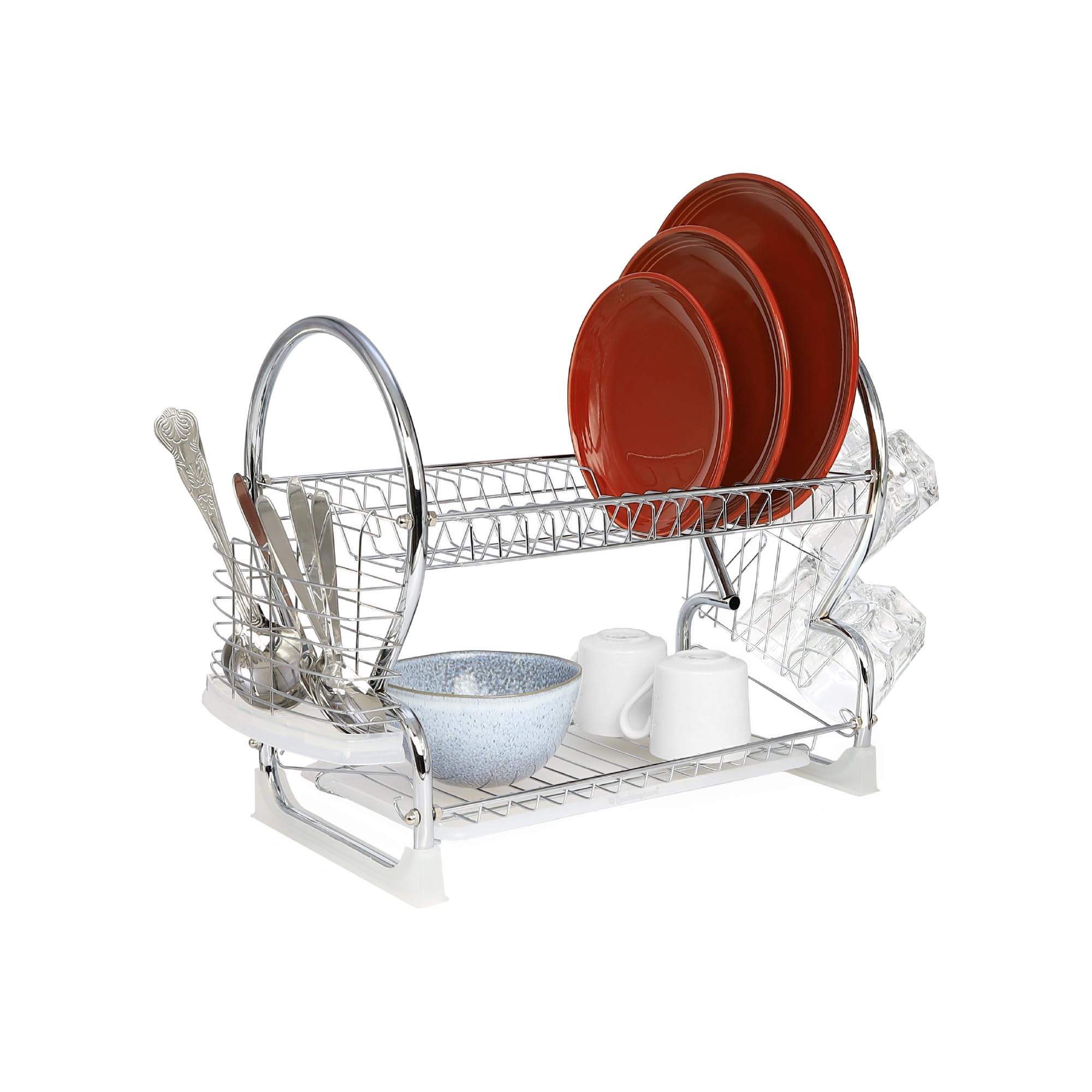 Buckingham Silver Deluxe 2 Tier Chrome Plated Dish Drainer With Glass Utensil Holder Removable Drip Tray For Crockery Cutlery Plates Cups Kitchen Organiser 56 Cm