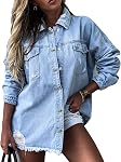 Saukiee Oversized Denim Jacket Distressed Boyfriend Jean Coat Jeans Trucker Jacket for Women Girls