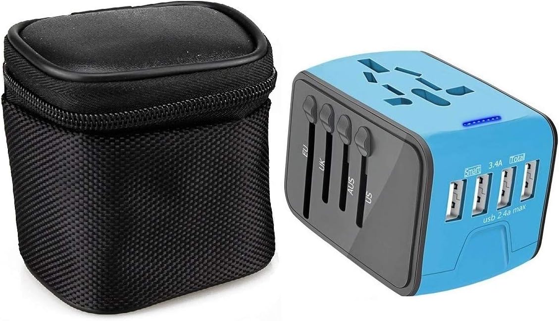 VOLTRONIX Universal Travel Adapter with 4 USB Ports, high speed 2.4A USB ports, supports 3.4A fast charge, Safety fuse, Surge protection, Multi country socket AC Outlet for Europe, UK, US, Canada, AU, Asia, Covers 150+ Countries - Blue color