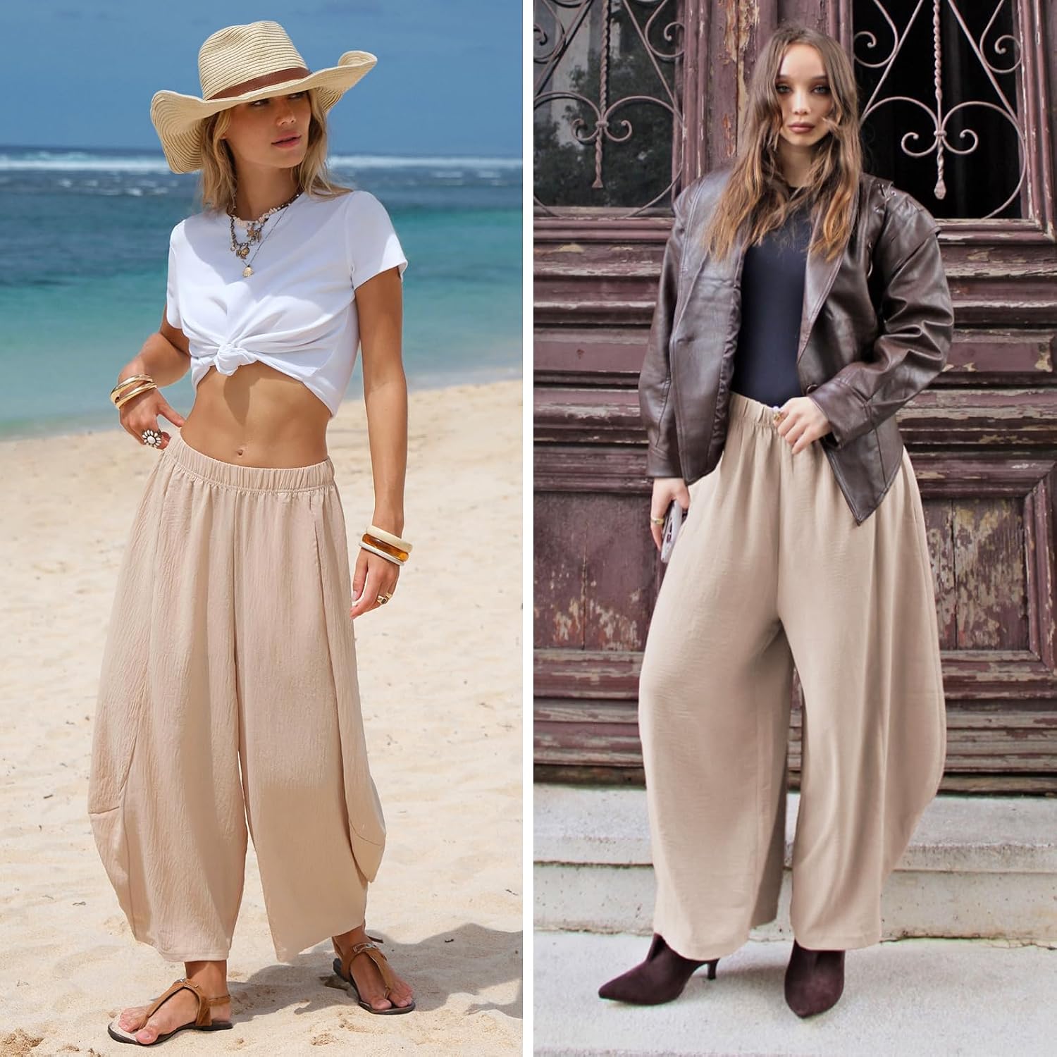 EXLURA Womens Faux Linen Wide Leg Boho Flowy Pants Summer Palazzo Casual Elastic Waist Baggy Trousers Beach Vacation Pockets