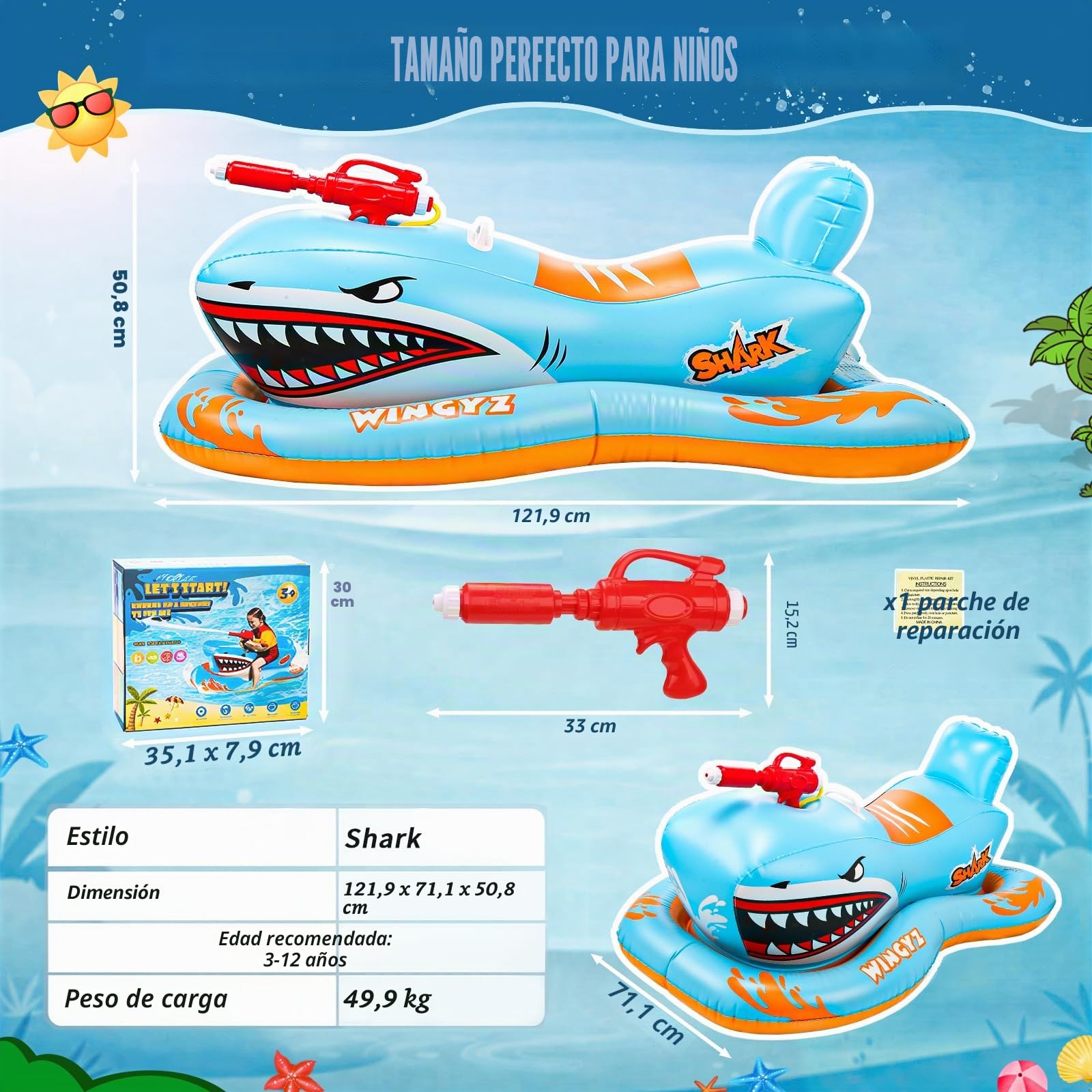 WINGYZ - Flotadores de piscina para niños con pistola de agua, 2026 nuevos juguetes inflables de balsa para piscina, barco con forma de tiburón, flotadores de piscina para montar para niños de 3 a 12