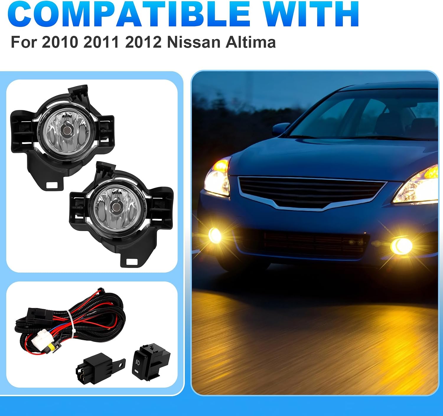 Fog Lights Assemblies Fit For 2010-2012 Nissan Altima 4DR Bumper Driving Lights w/Switch and Wiring Harness