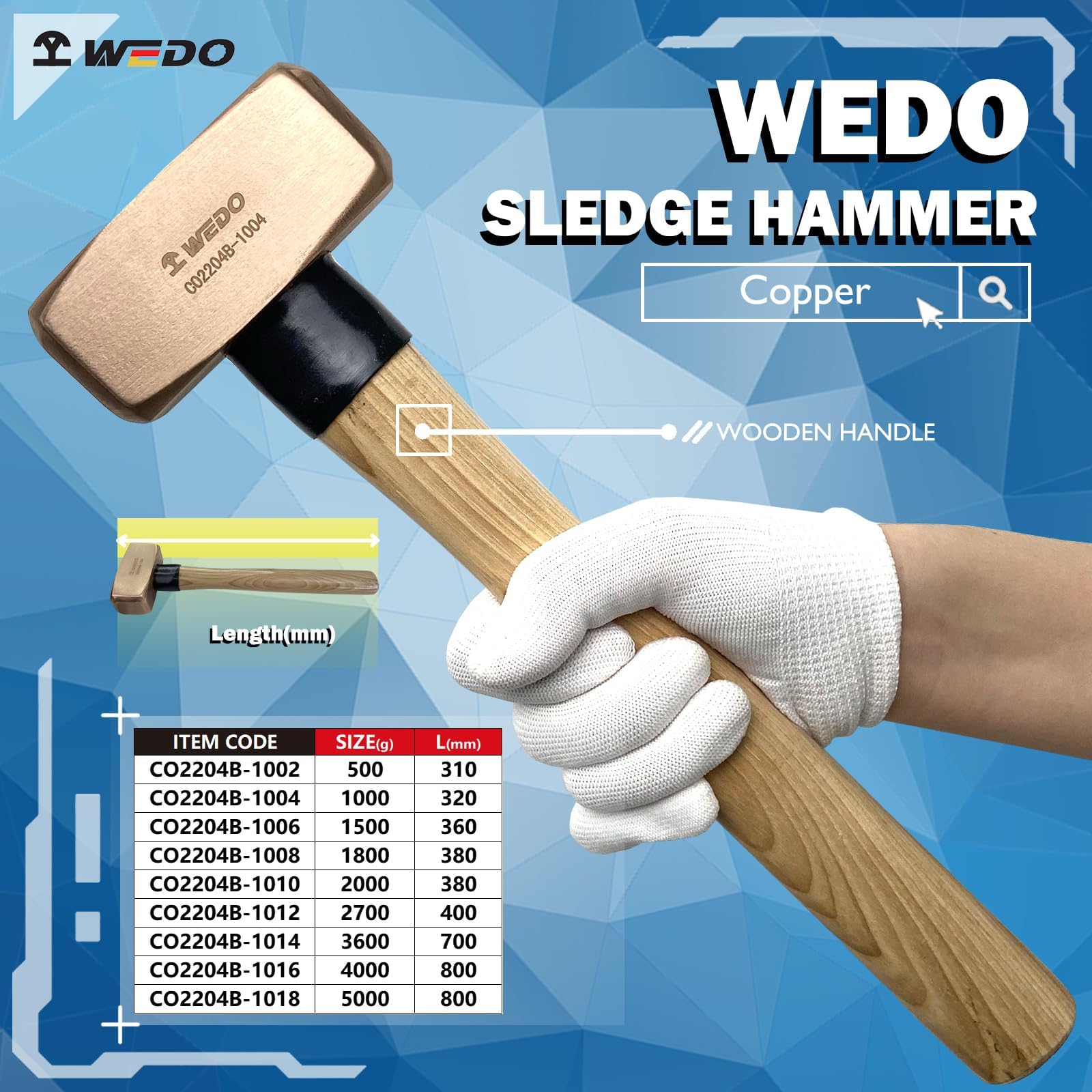 WEDO CO2204B Massette avec manche en bois Tête de marteau en cuivre 300 mm Poids de la tête 500 g