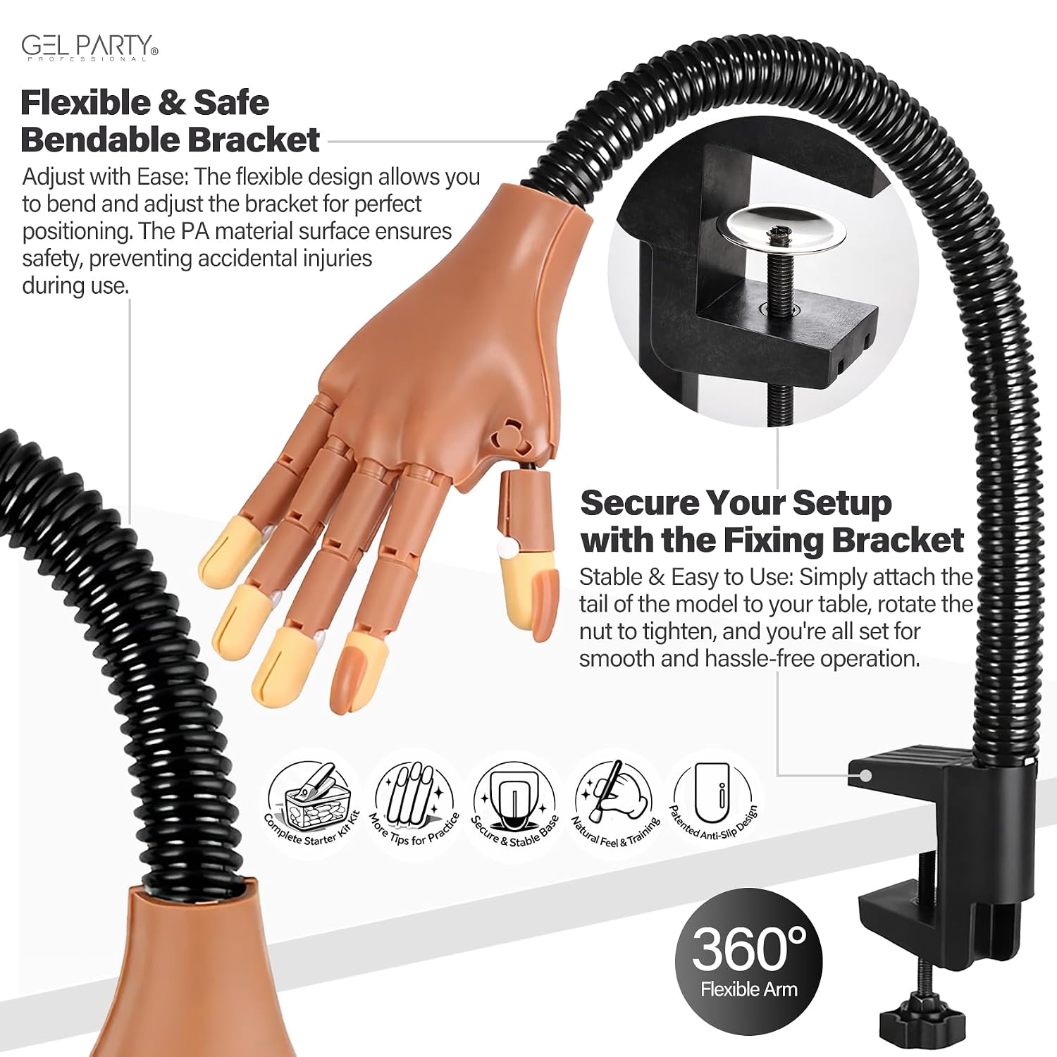 GELPARTY Flexible Nail Practice Hand with Table Clamp – Professional Manicure Training Hand for Acrylic & Gel Nails – Includes 100pcs Replacement Brown Tips, Adjustable & Reusable (Basic Hand Set A)